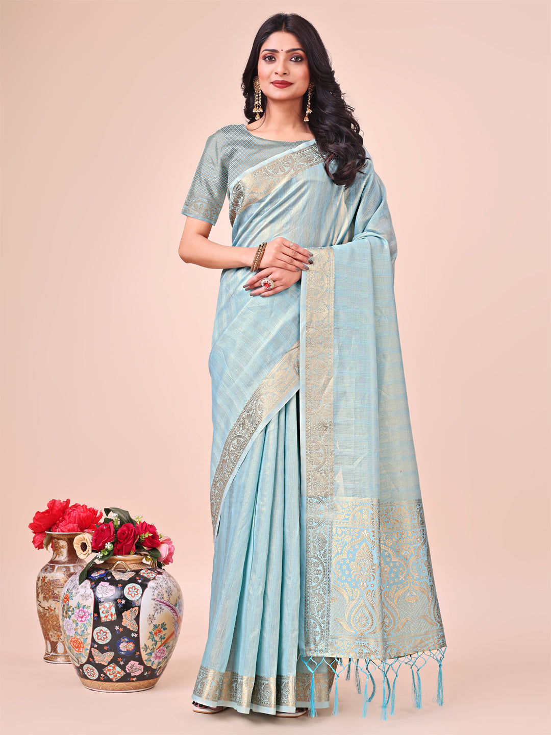 Sky Blue Beautiful Woven Designer Organza Saree