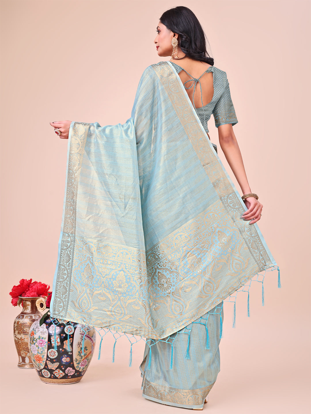 Sky Blue Beautiful Woven Designer Organza Saree
