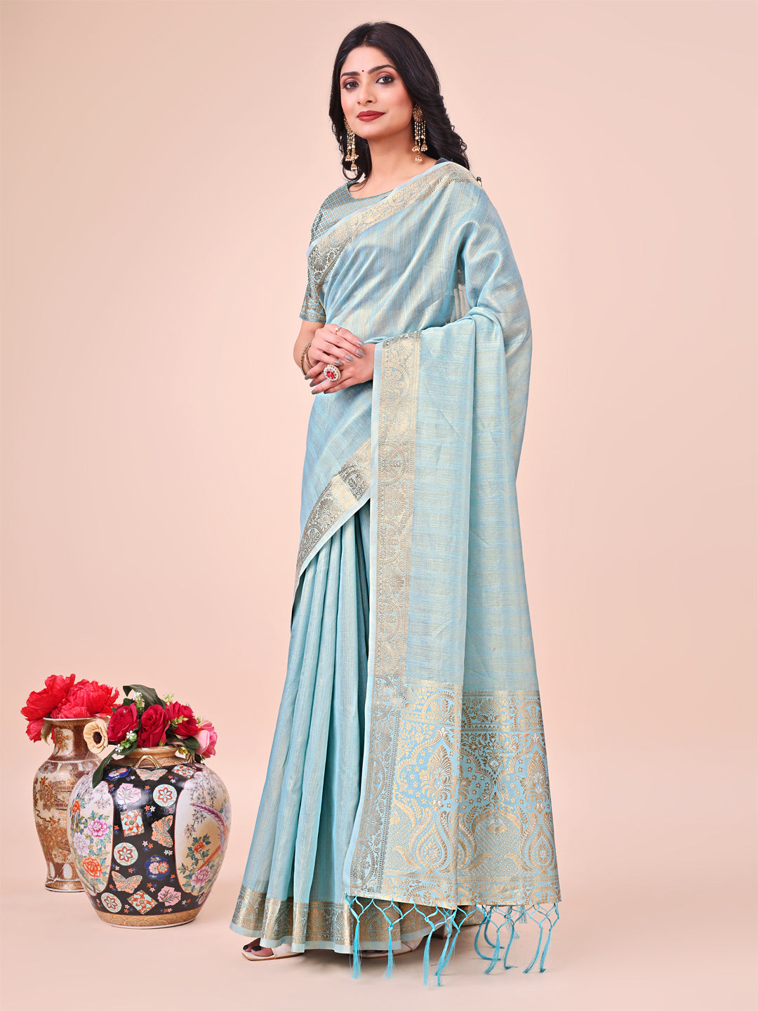 Sky Blue Beautiful Woven Designer Organza Saree