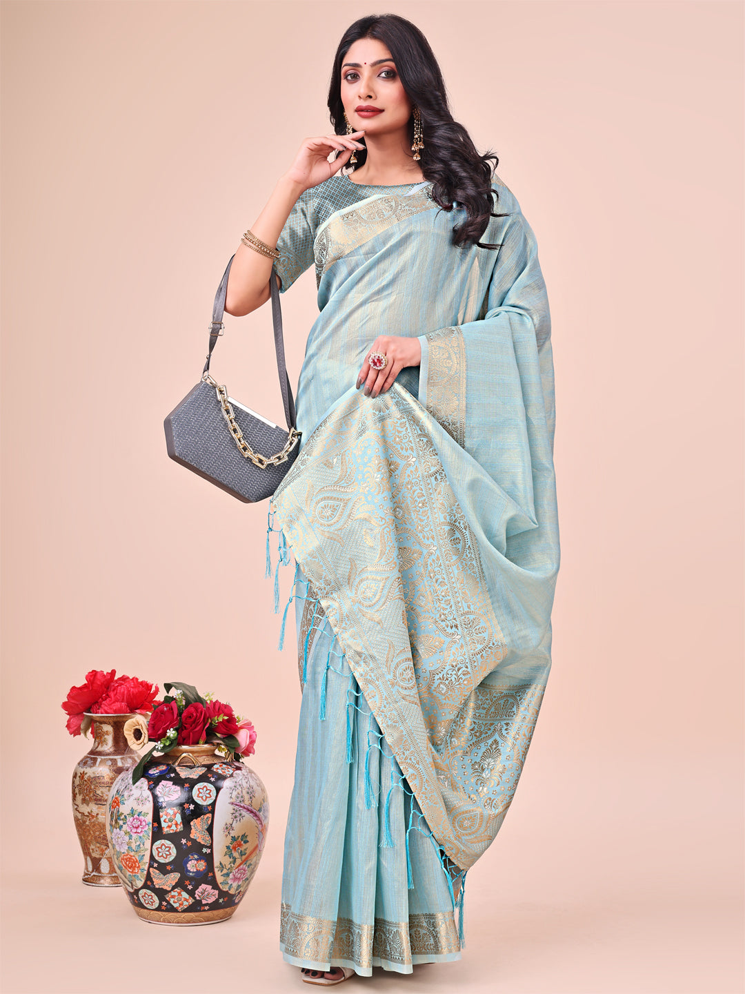 Sky Blue Beautiful Woven Designer Organza Saree