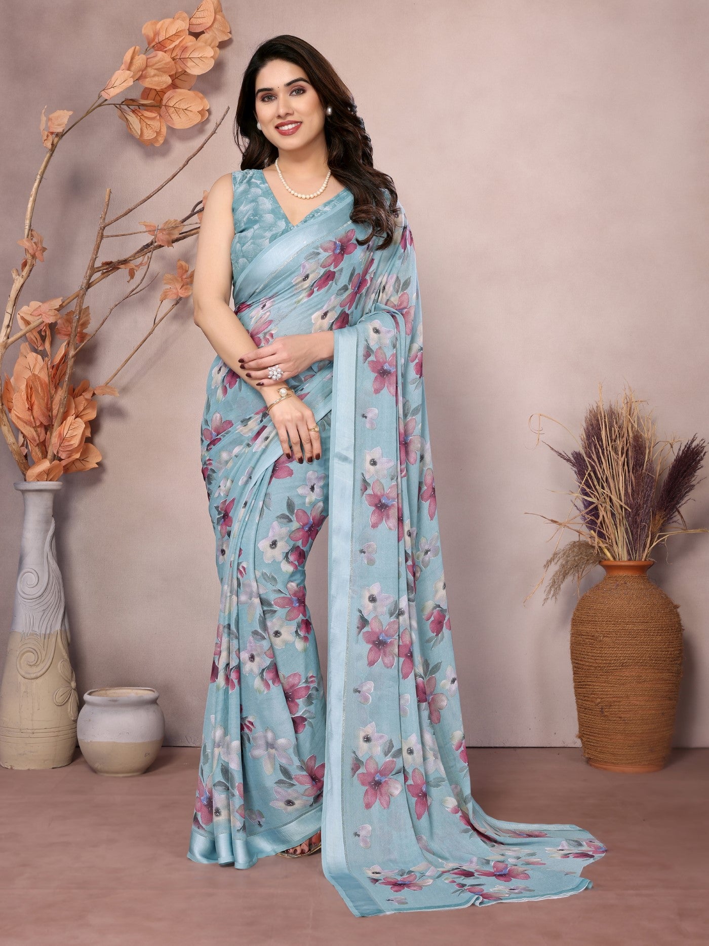Sky Blue Bright Moss Satin Patta Saree With Printed
