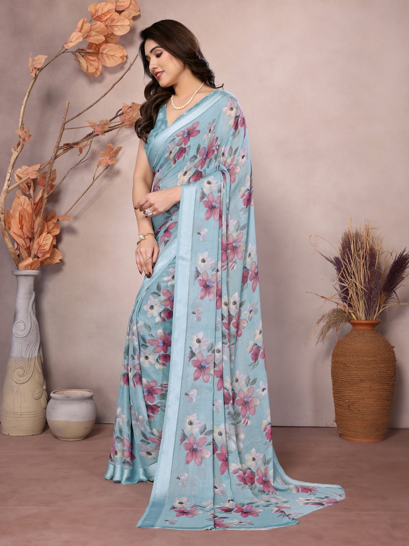 Sky Blue Bright Moss Satin Patta Saree With Printed