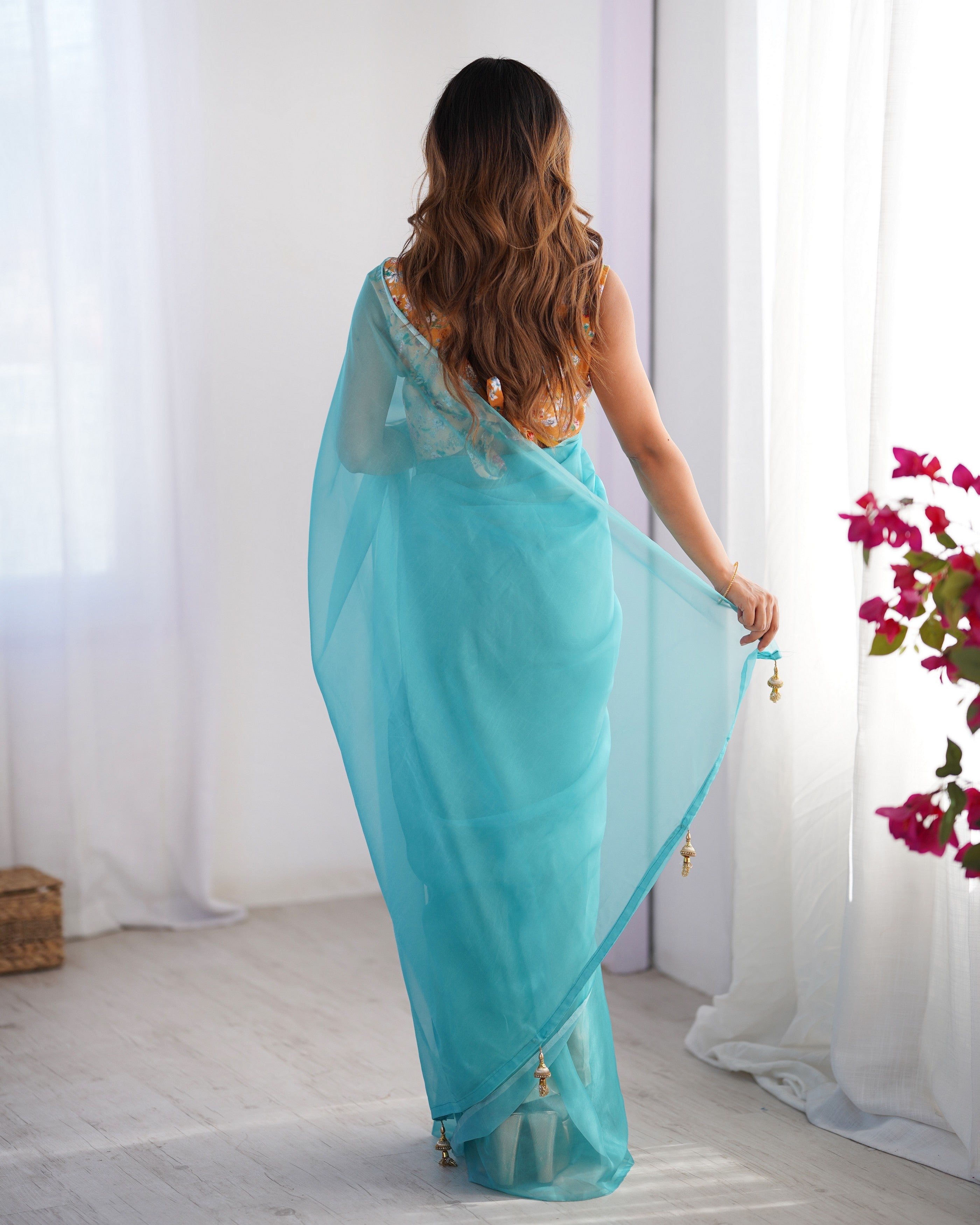 Sky Blue Burberry Designer Printed Blouse Partywear Saree