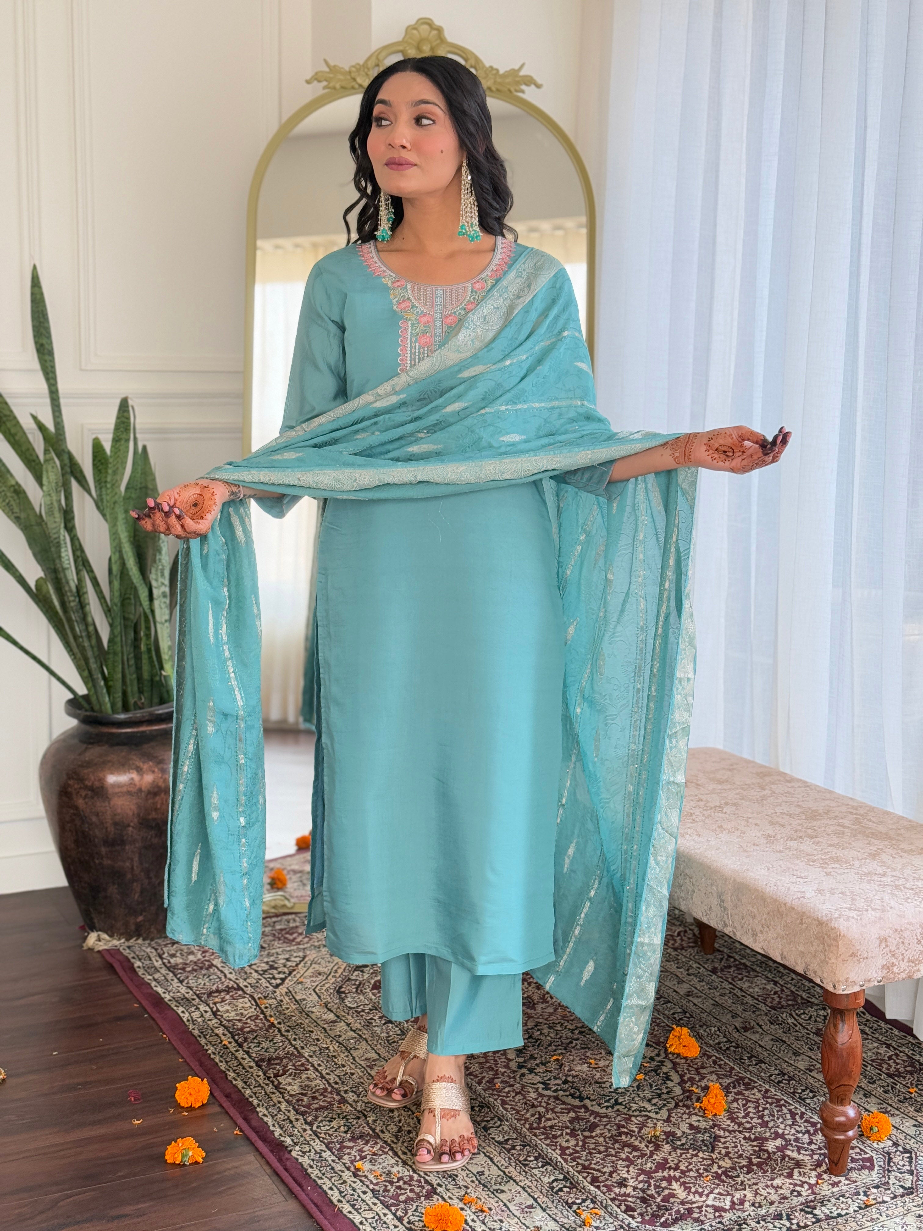 Sky Blue Chanderi Elegant Kurta Pant Set With Thread Work