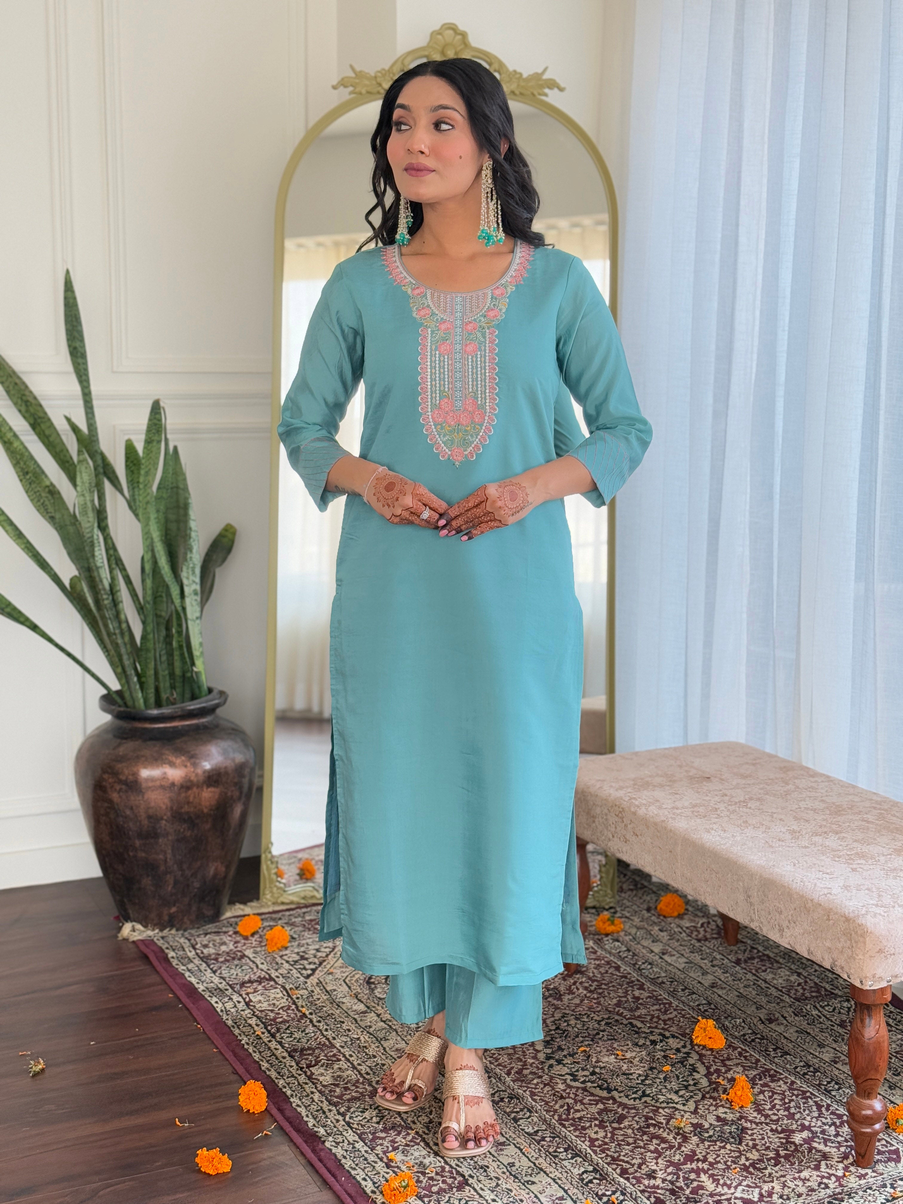 Sky Blue Chanderi Elegant Kurta Pant Set With Thread Work