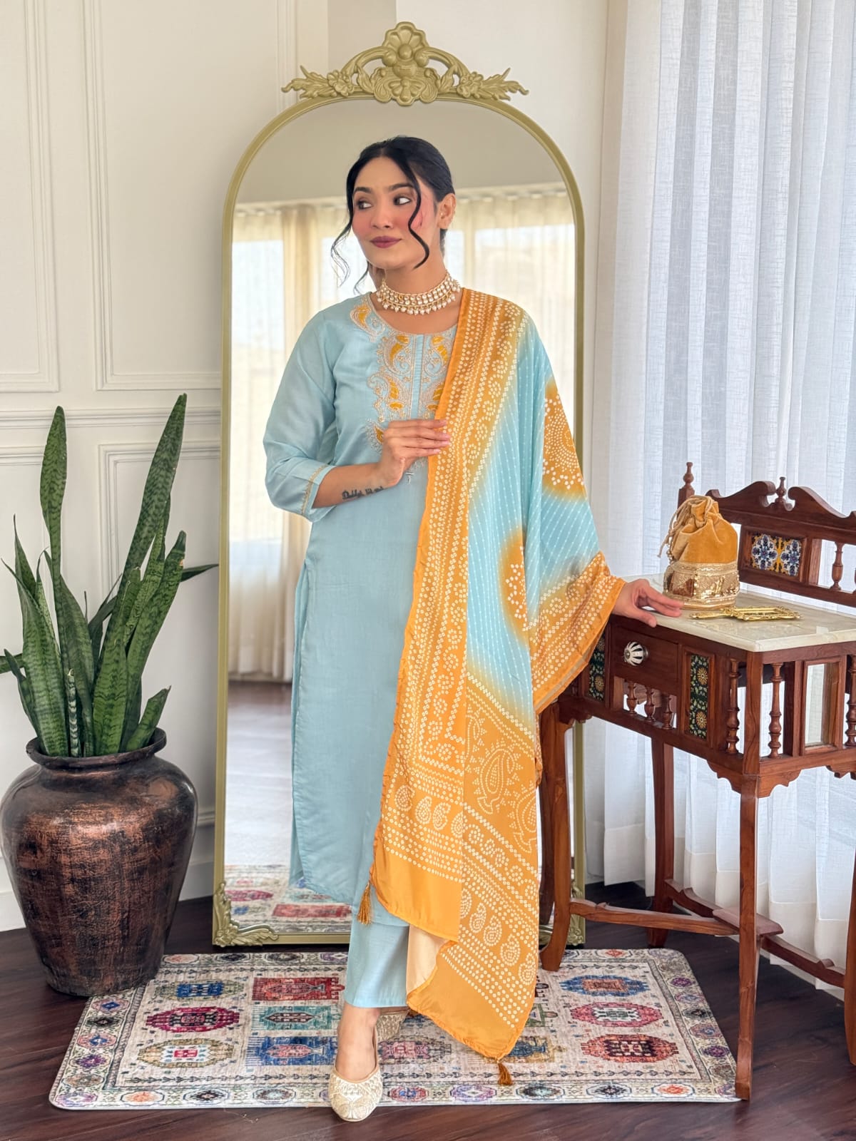 Sky Blue Chanderi Silk Kurta Pant Set With Heavy Thread Embroidery Work With Printed Dupatta