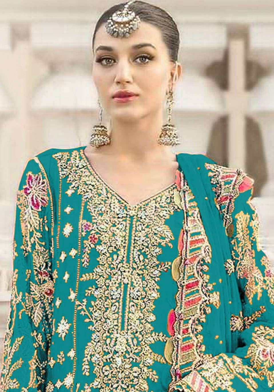 Sky Blue Chiffon Designer Suit Set With Delicate Embroidery