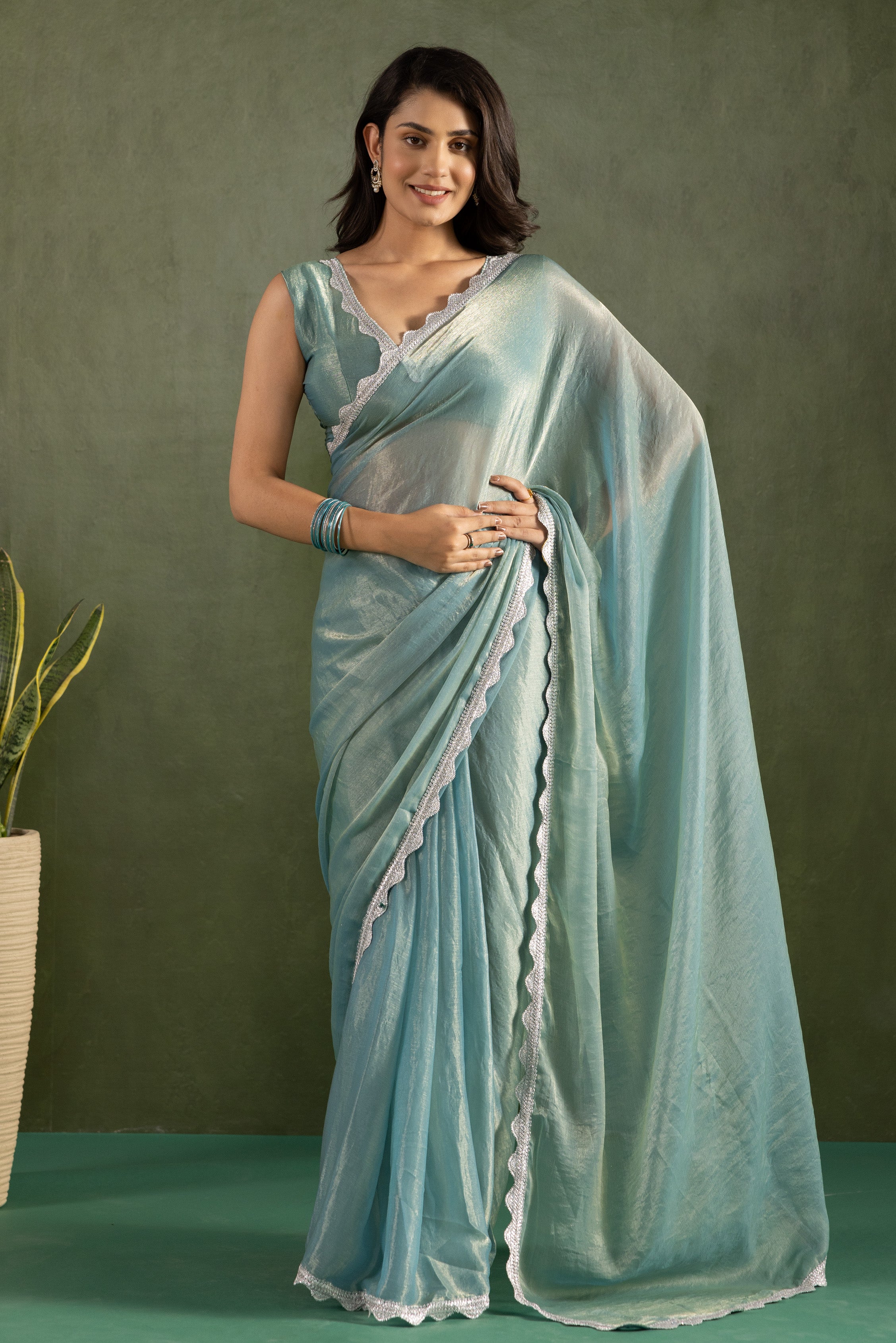 Sky Blue Chiffon Ready To Wear Saree For Graceful Bollywood Style Saree