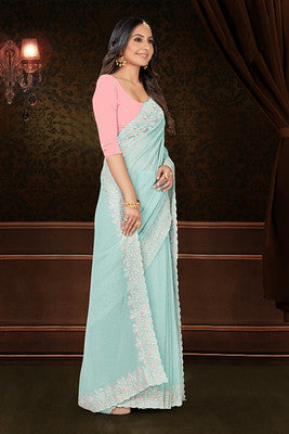 Sky Blue Chiffon Saree With Swarovski and Thread Embroidery Work