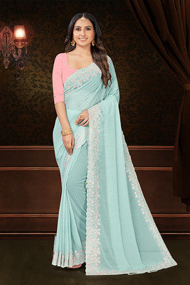 Sky Blue Chiffon Saree With Swarovski and Thread Embroidery Work