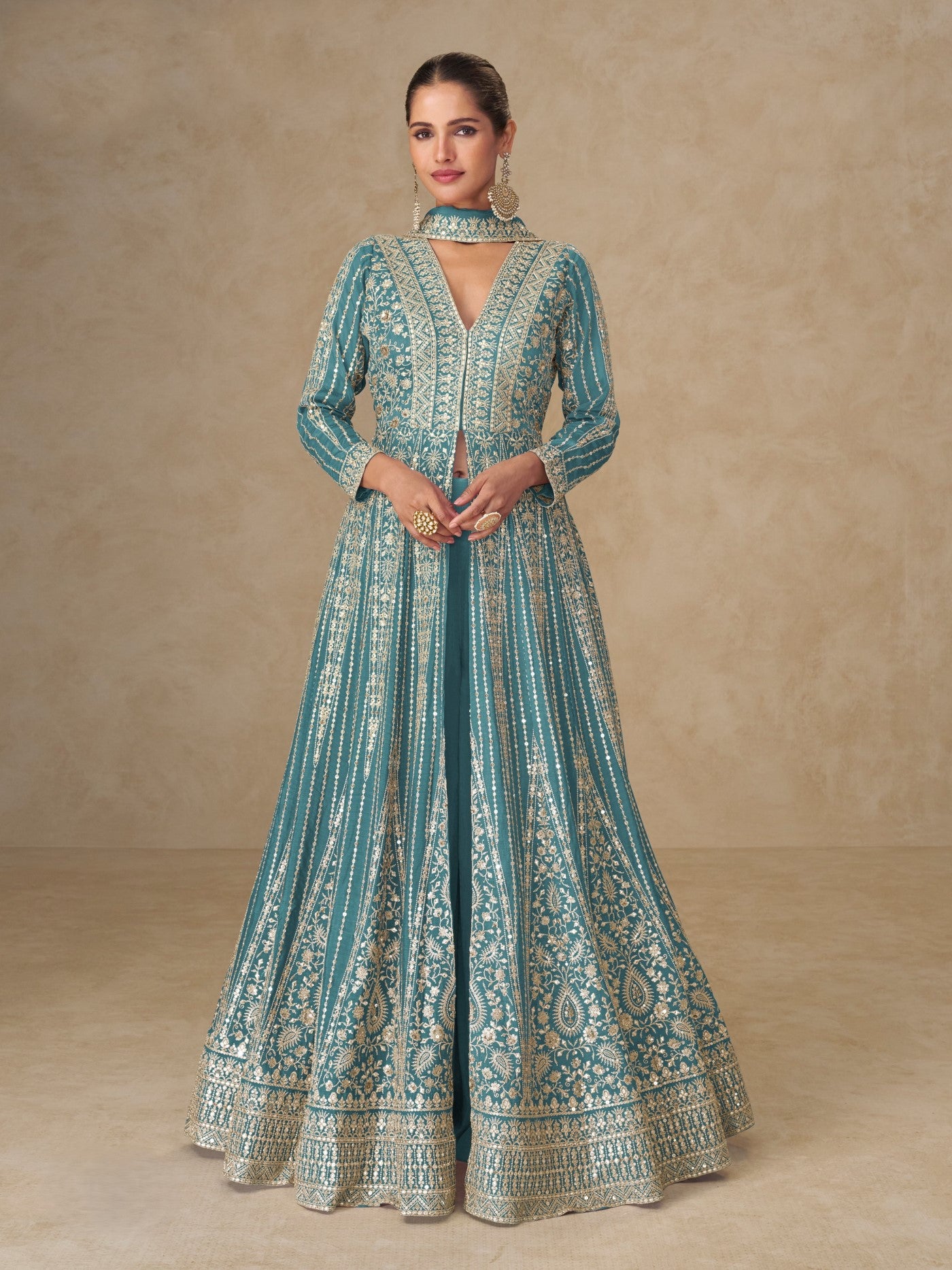 Sky Blue Chinon Designer Suit Set With Elegant Embroidery