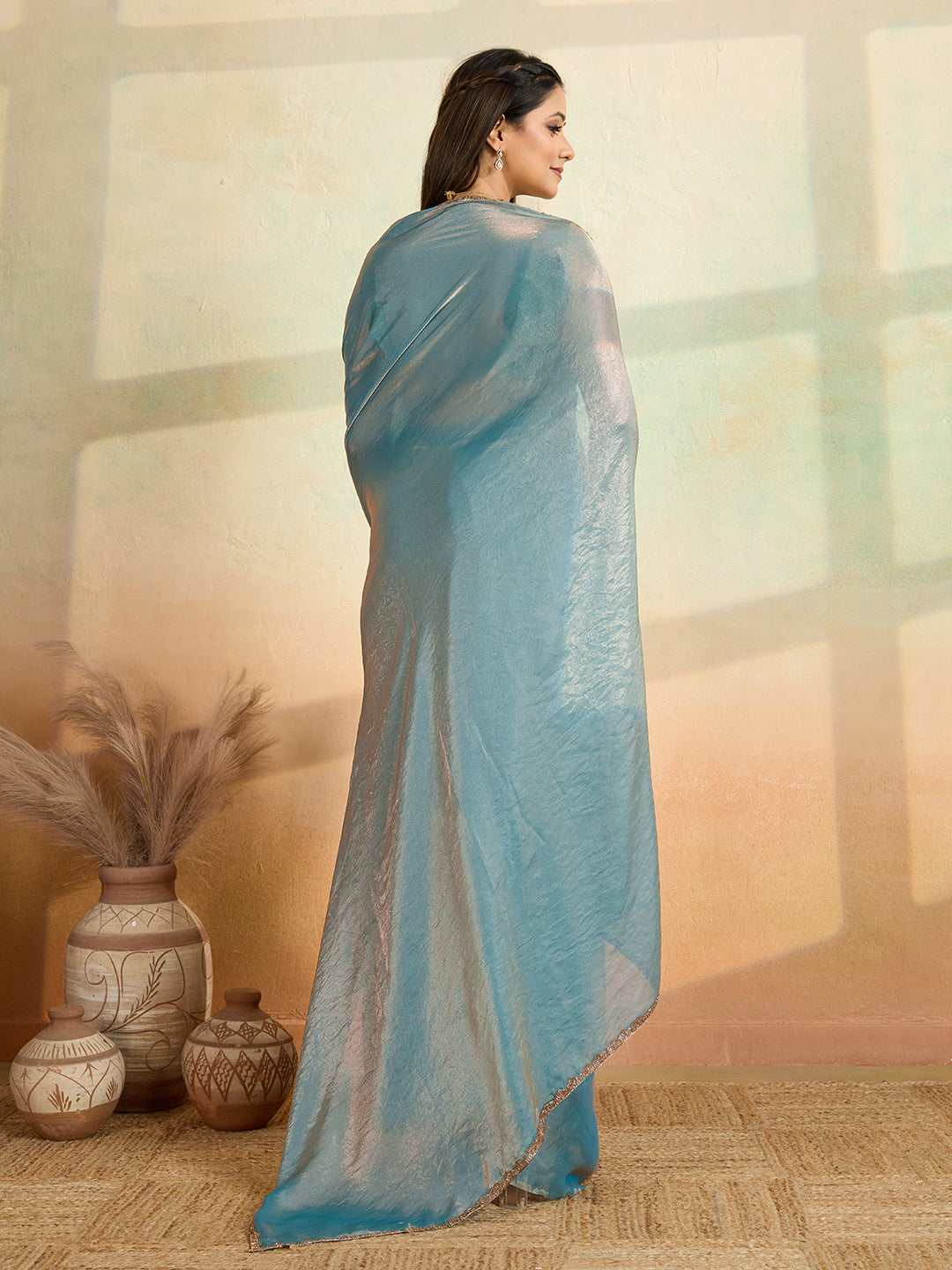 Sky Blue Designer Beads Embroidery Work Fendy Satin Bollywood Style Saree