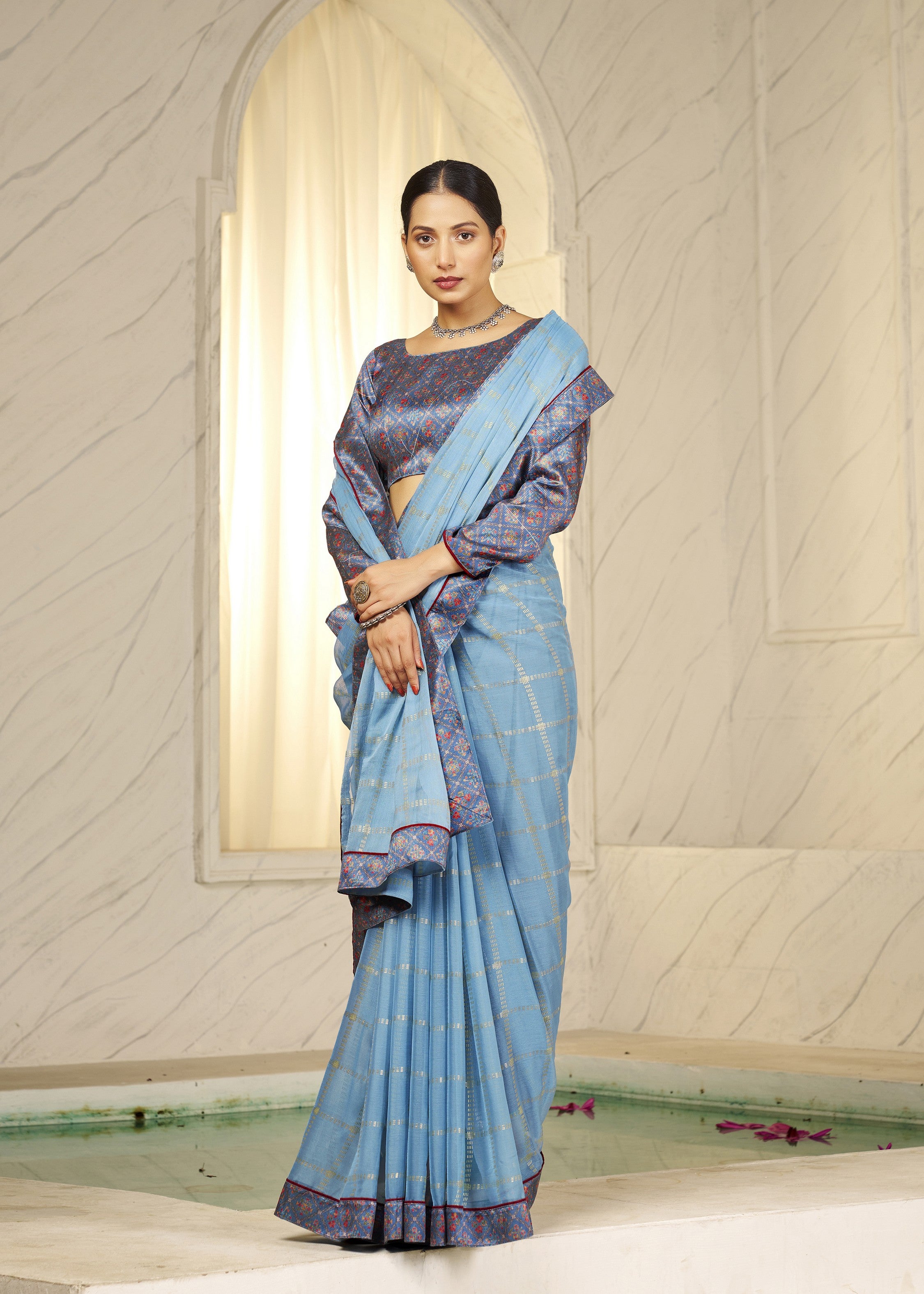 Sky Blue Designer Digital Foil Printed Bollywood Style Chiffon Saree