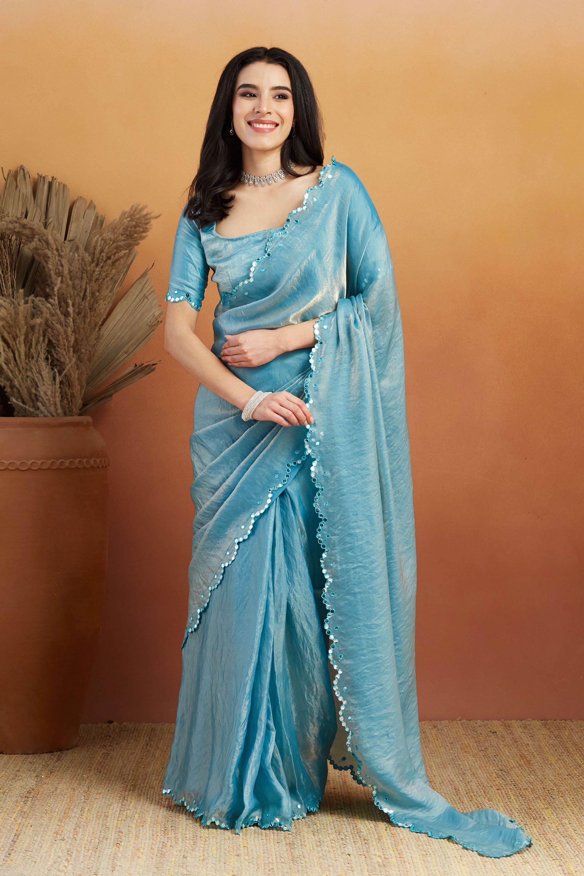 Sky Blue Designer Fancy Ready To Wear Saree For Ceremonial Looks