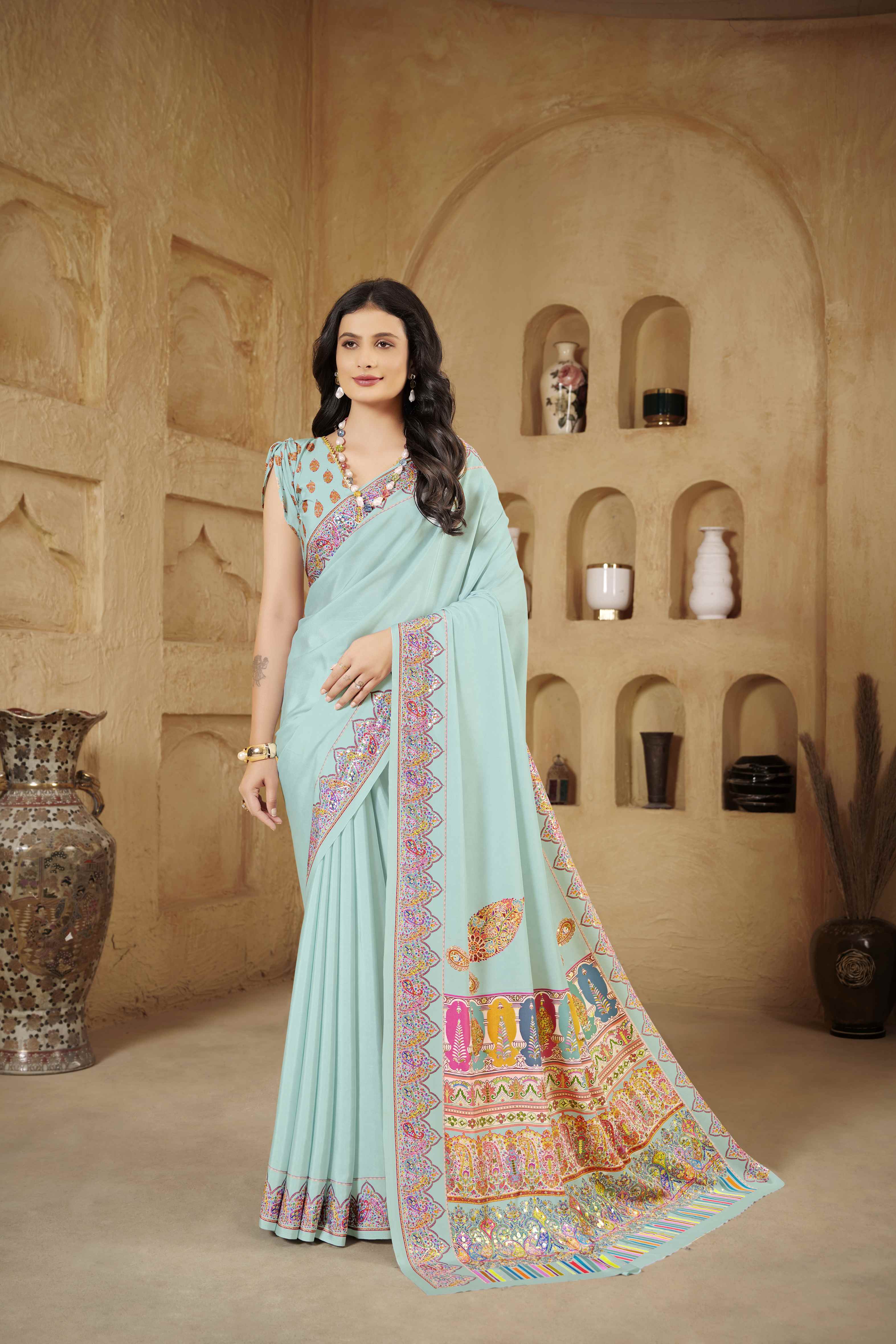 Sky Blue Designer Position Digital Foil Printed Crepe Silk Ethnic Festive Saree