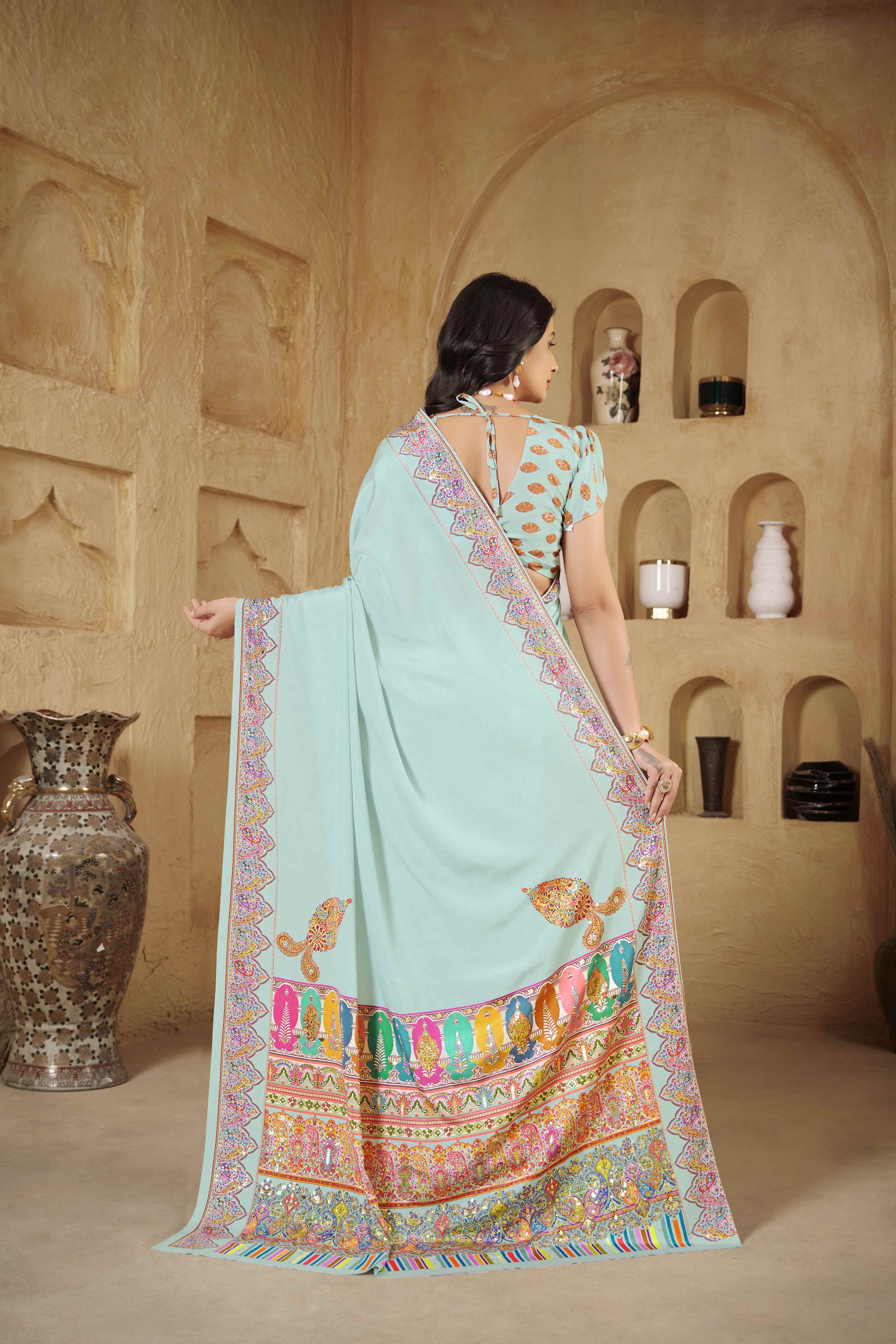 Sky Blue Designer Position Digital Foil Printed Crepe Silk Ethnic Festive Saree