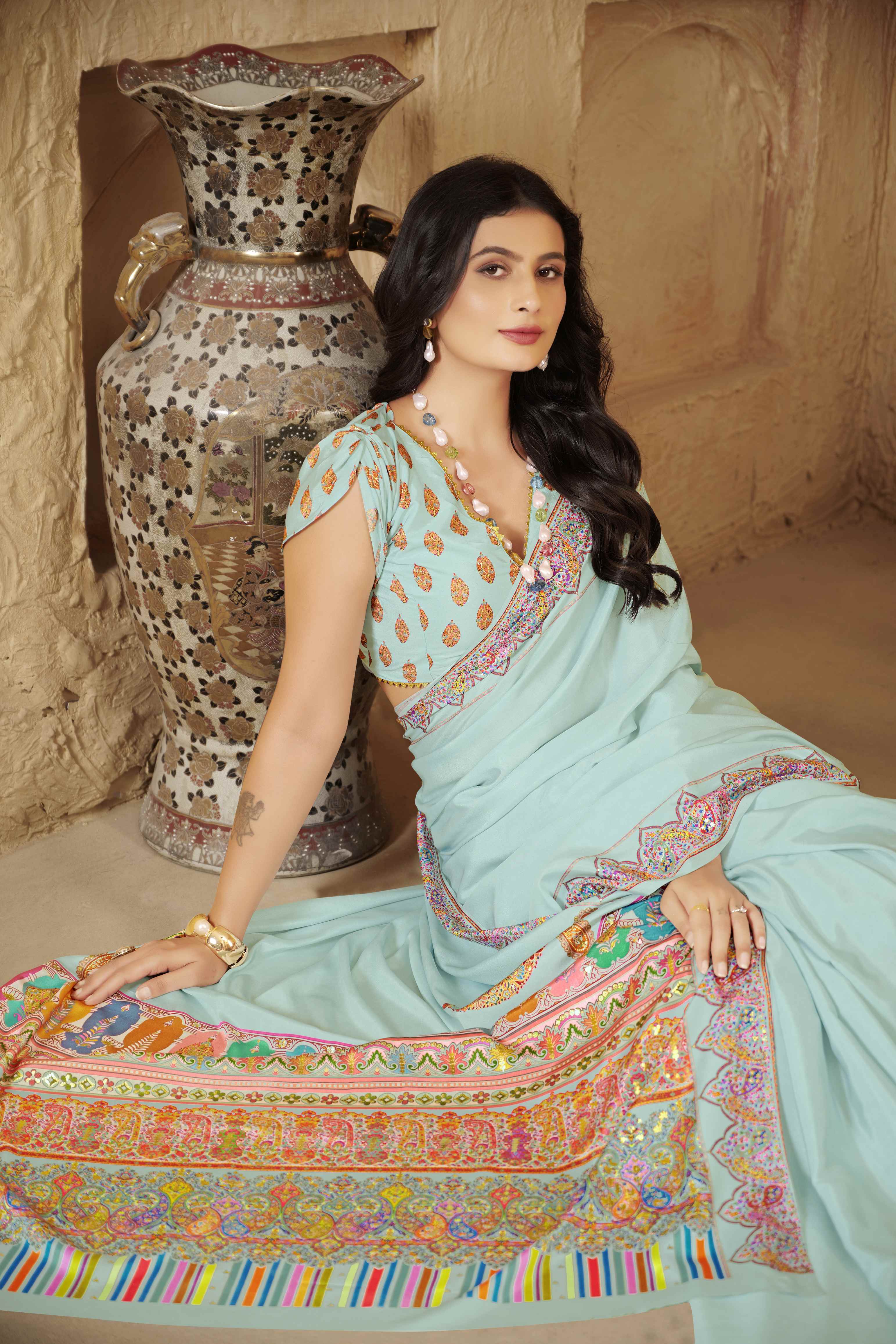 Sky Blue Designer Position Digital Foil Printed Crepe Silk Ethnic Festive Saree