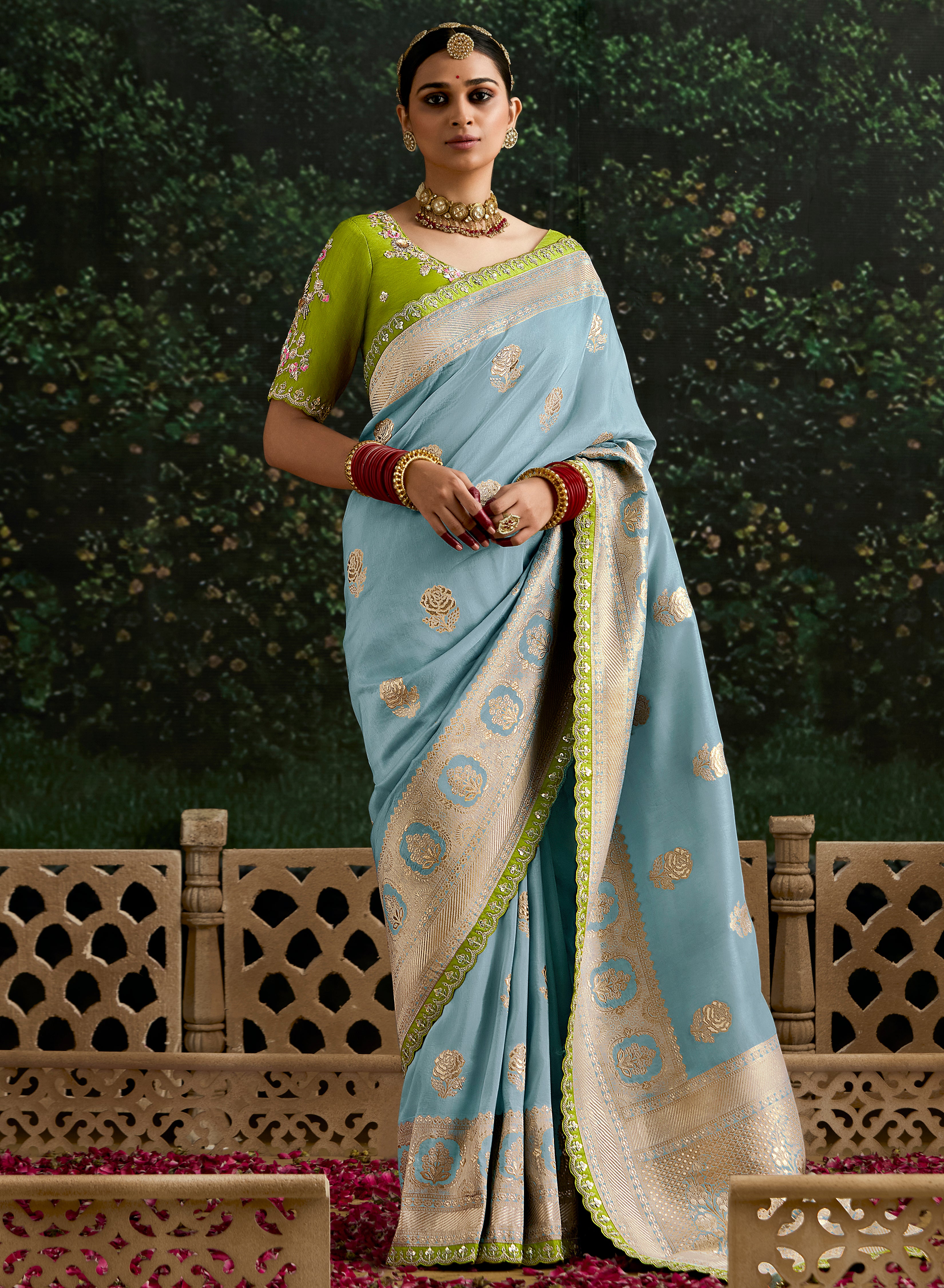 Sky Blue Dola Silk Saree With Jacquard Woven with Embroidered Lace Border