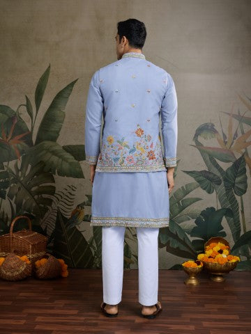 Sky Blue Embroidered Kurta with Jacket for Ceremonial Look