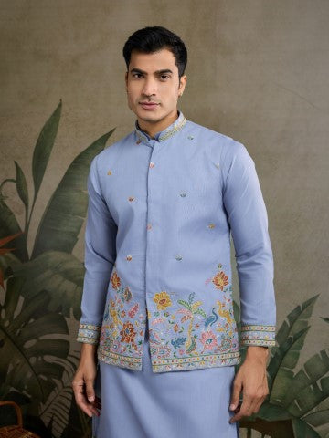 Sky Blue Embroidered Kurta with Jacket for Ceremonial Look
