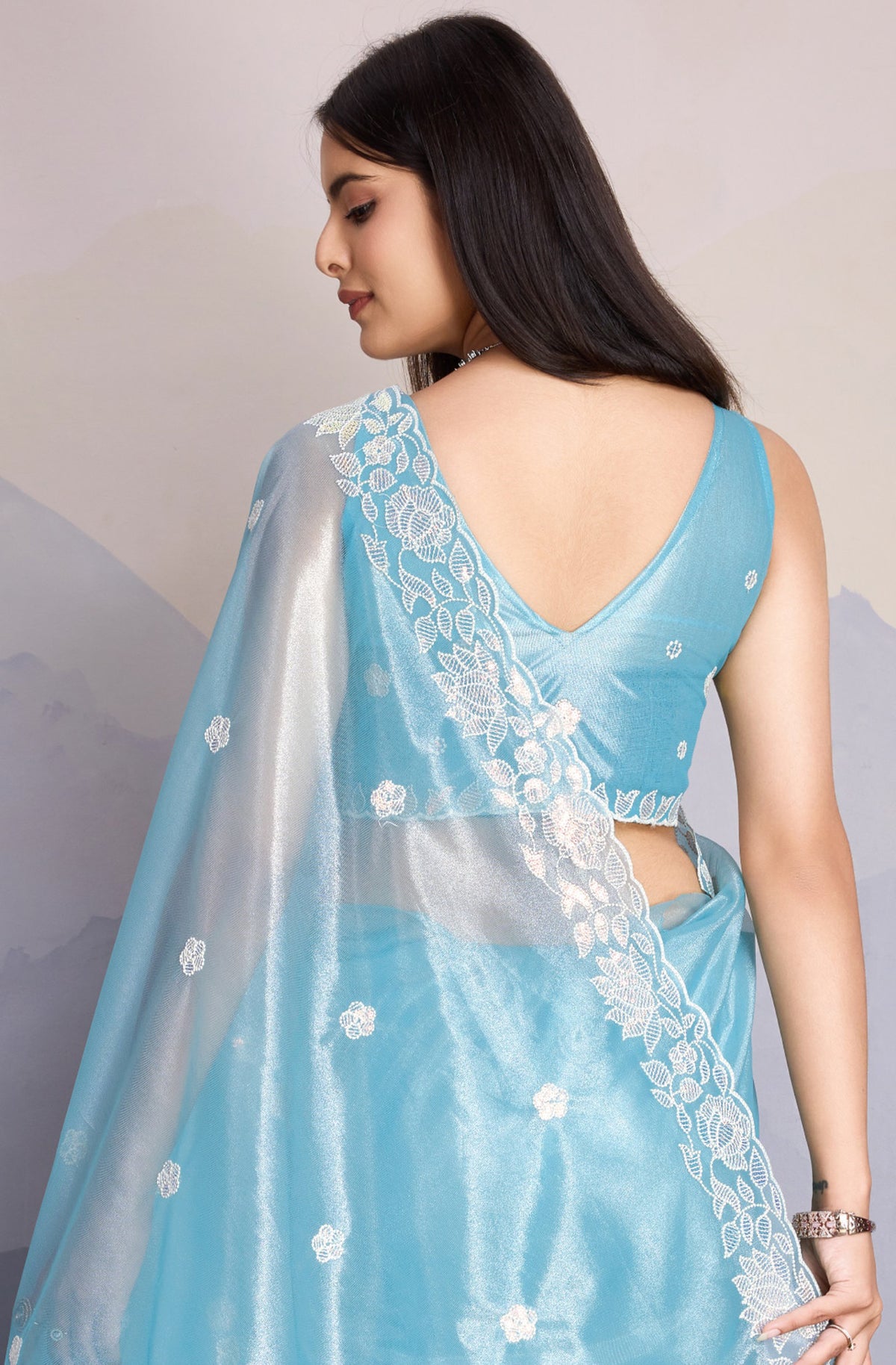 Sky Blue Fancy Saree with Heavy Embroidery & Sequins Detailing
