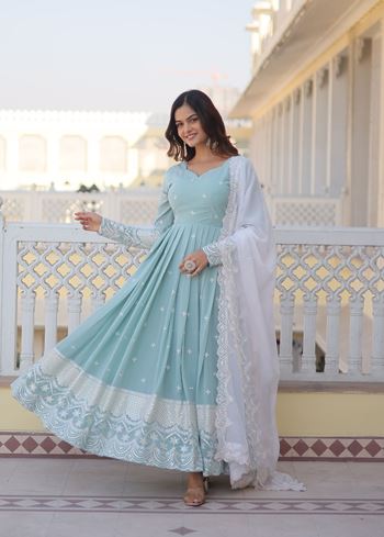 Sky Blue Faux Georgette Suit With Embroidered work