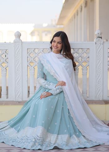 Sky Blue Faux Georgette Suit With Embroidered work