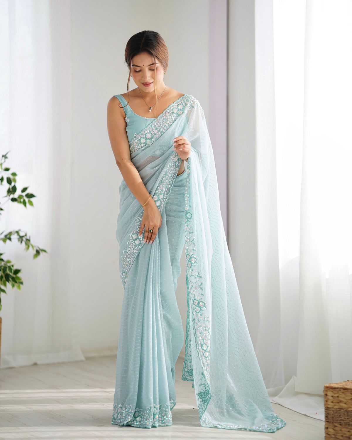 Sky Blue Georgette Beautiful Partywear Embroidered Saree