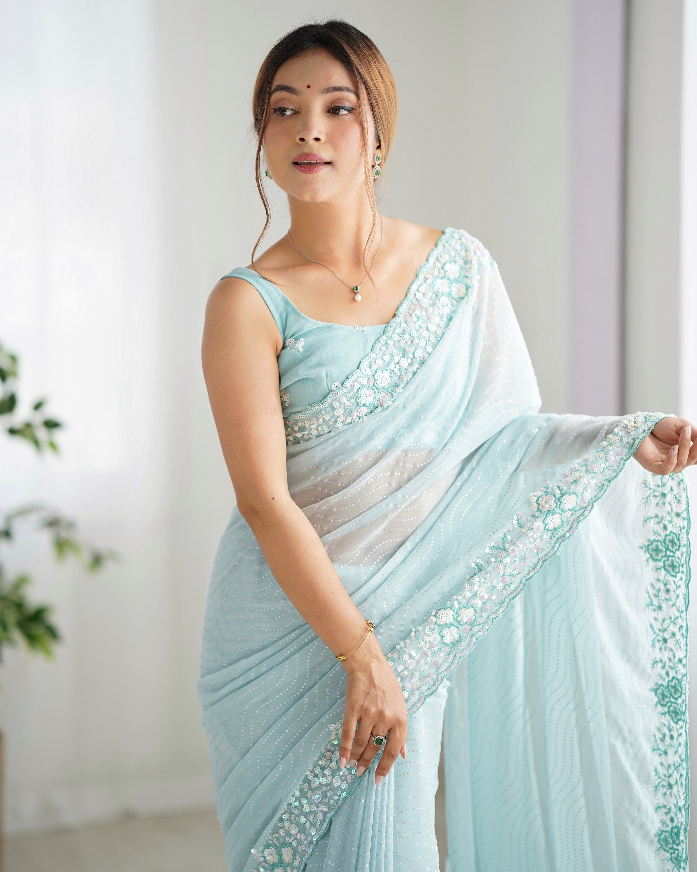 Sky Blue Georgette Beautiful Partywear Embroidered Saree