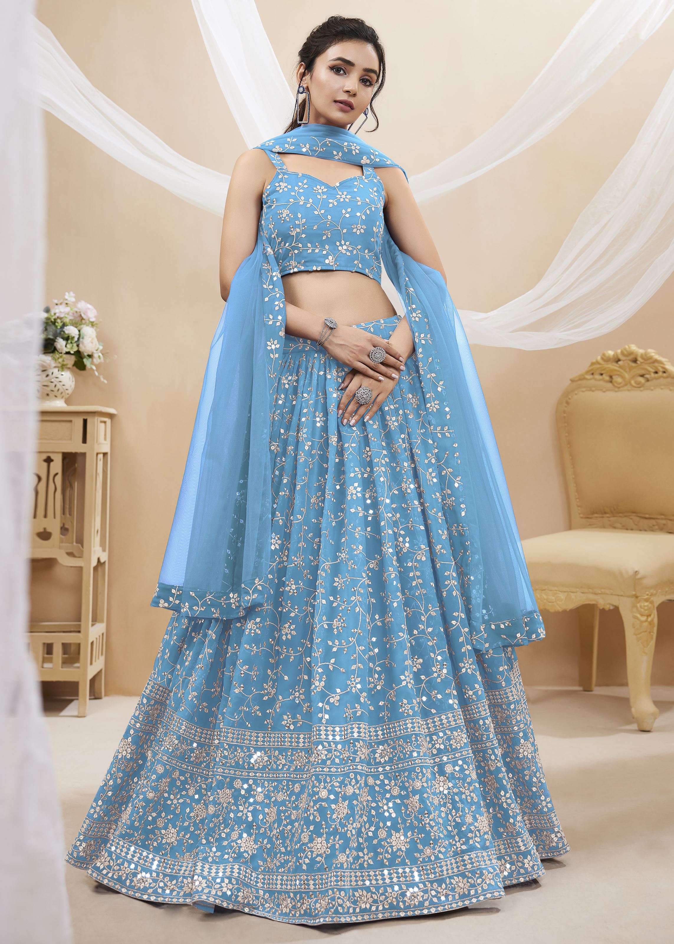 Sky Blue Georgette Lehenga Choli With Sequins Zari Embroidered Work