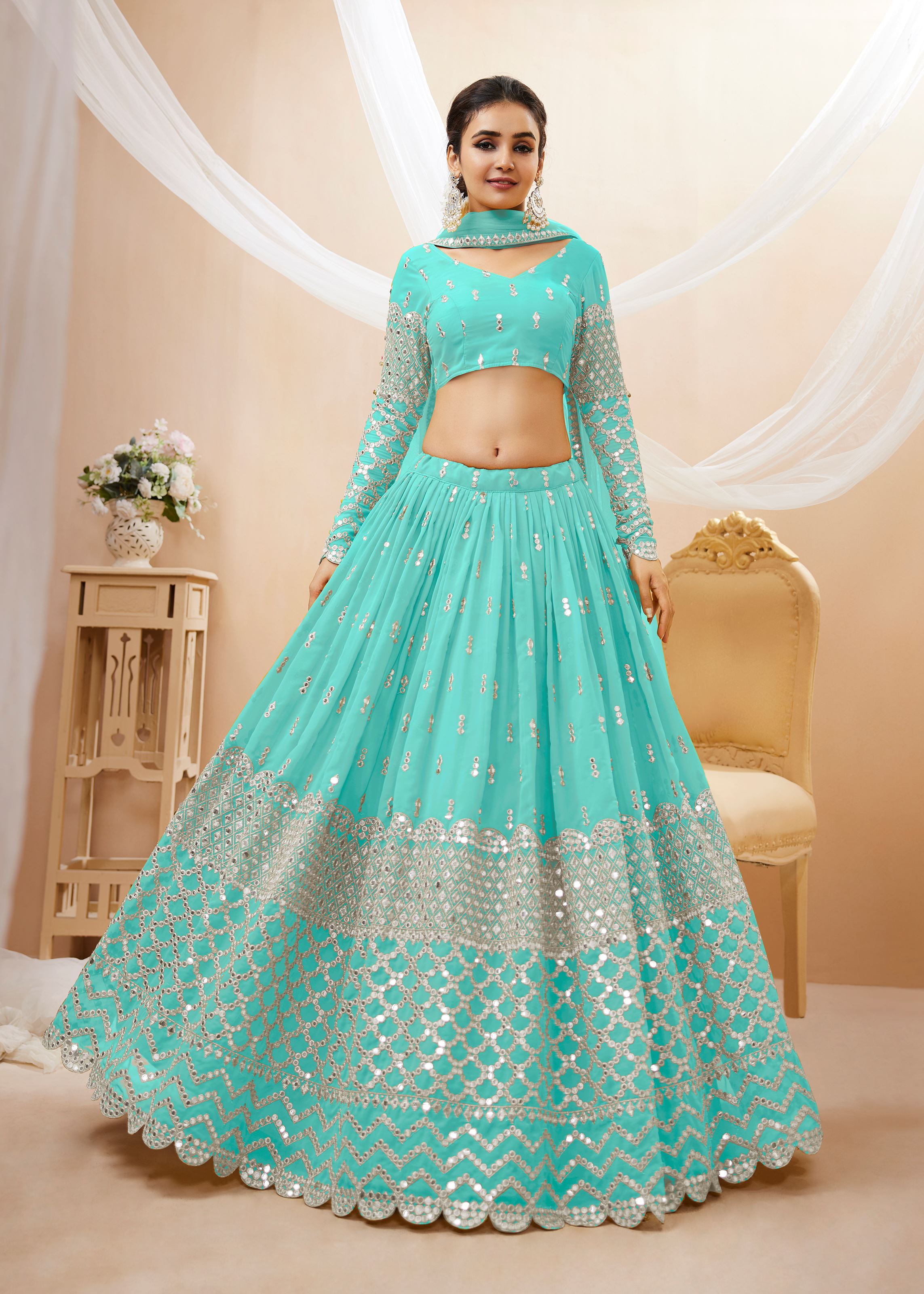 Sky Blue Georgette Lehenga Choli With Sequins Zari Embroidered Work