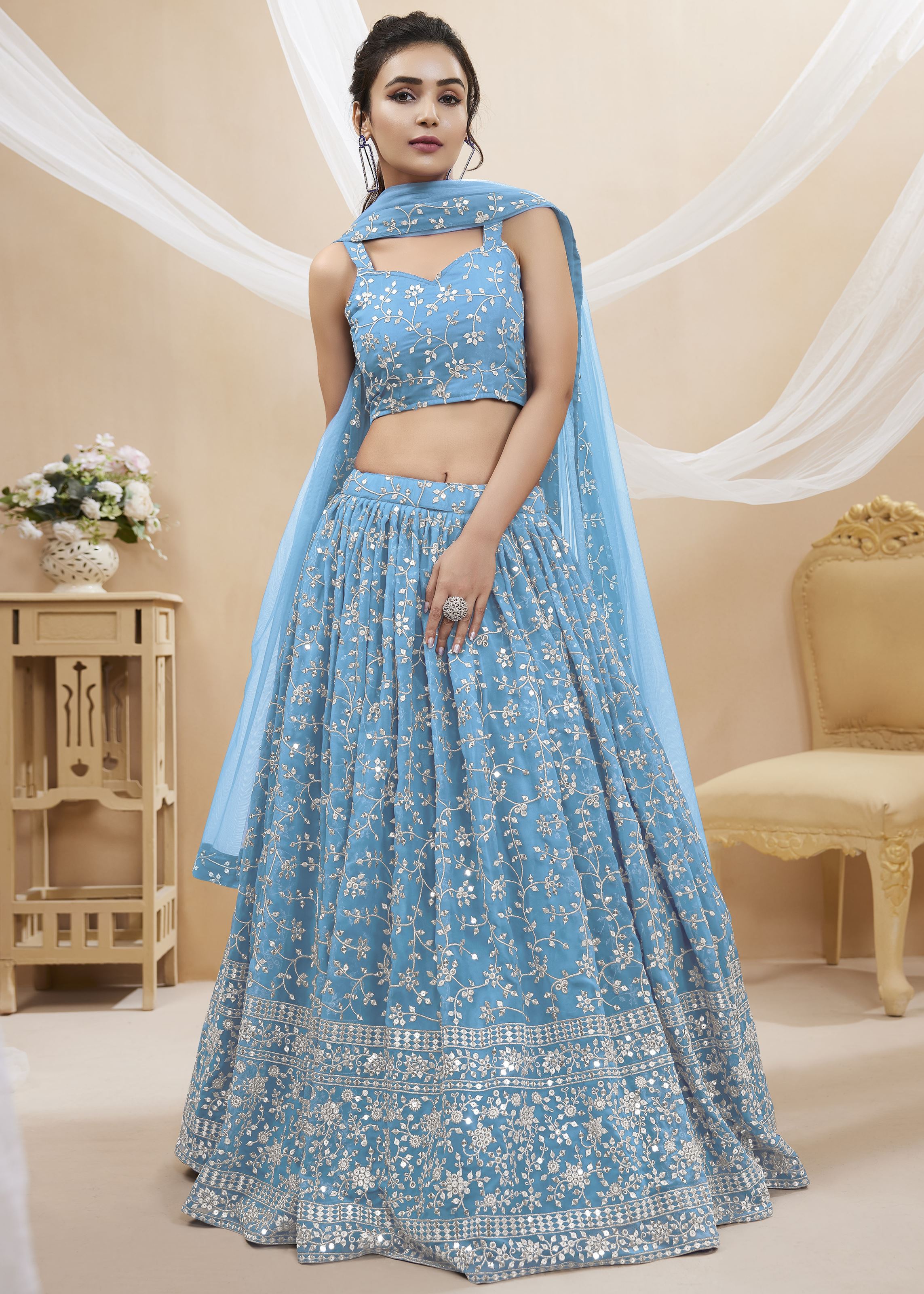 Sky Blue Georgette Lehenga Choli With Sequins Zari Embroidered Work