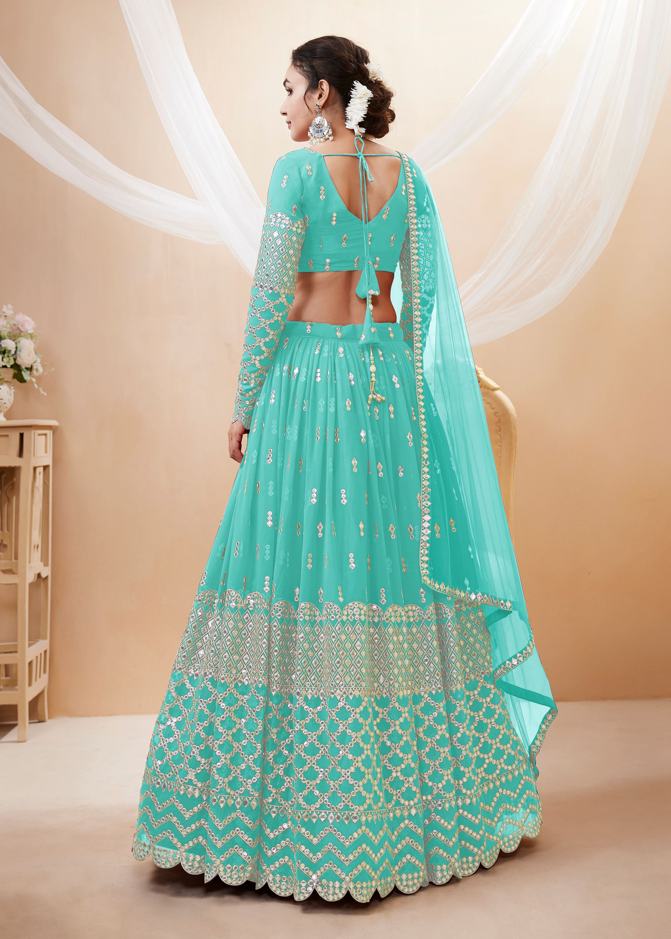 Sky Blue Georgette Lehenga Choli With Sequins Zari Embroidered Work