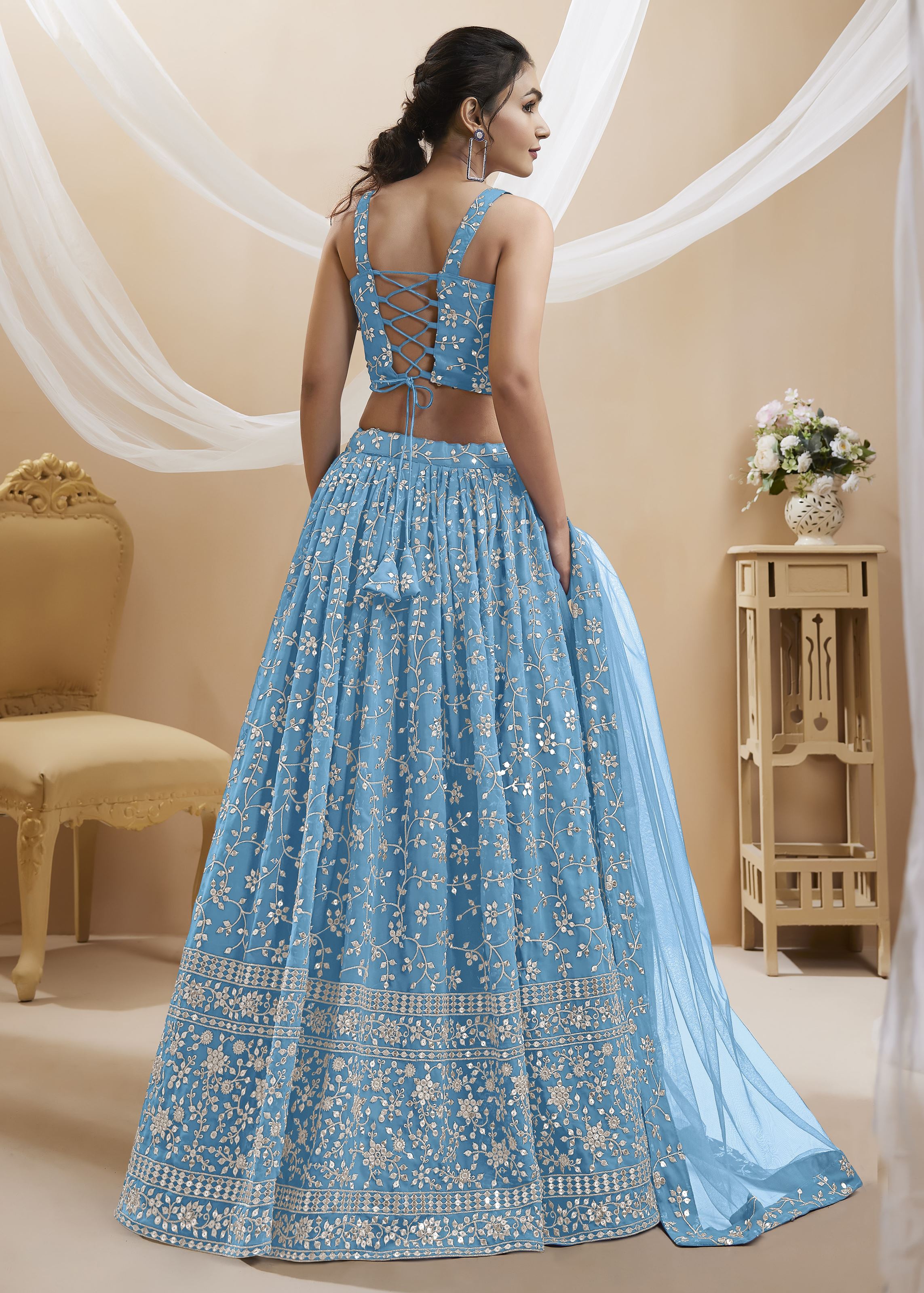 Sky Blue Georgette Lehenga Choli With Sequins Zari Embroidered Work