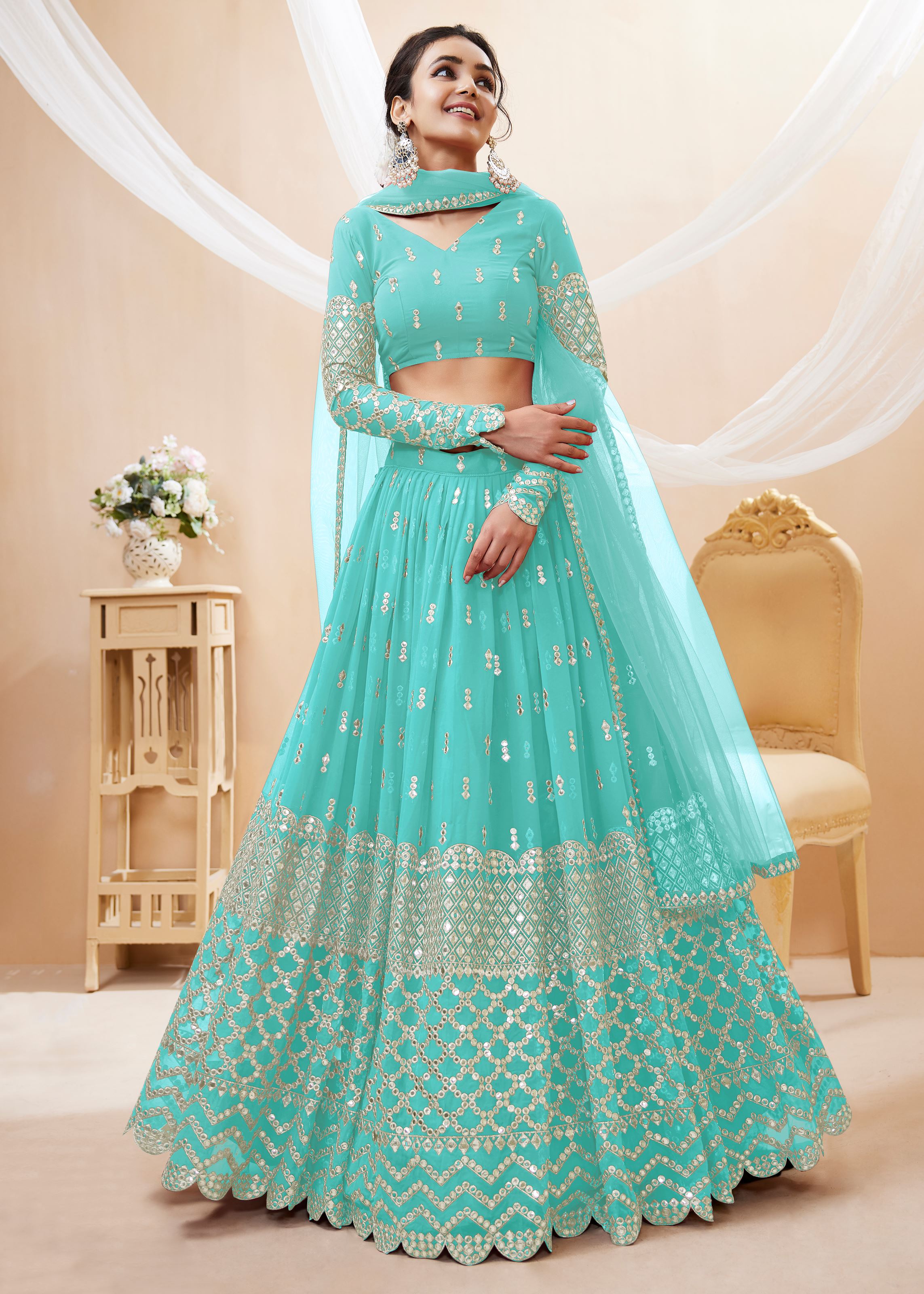 Sky Blue Georgette Lehenga Choli With Sequins Zari Embroidered Work
