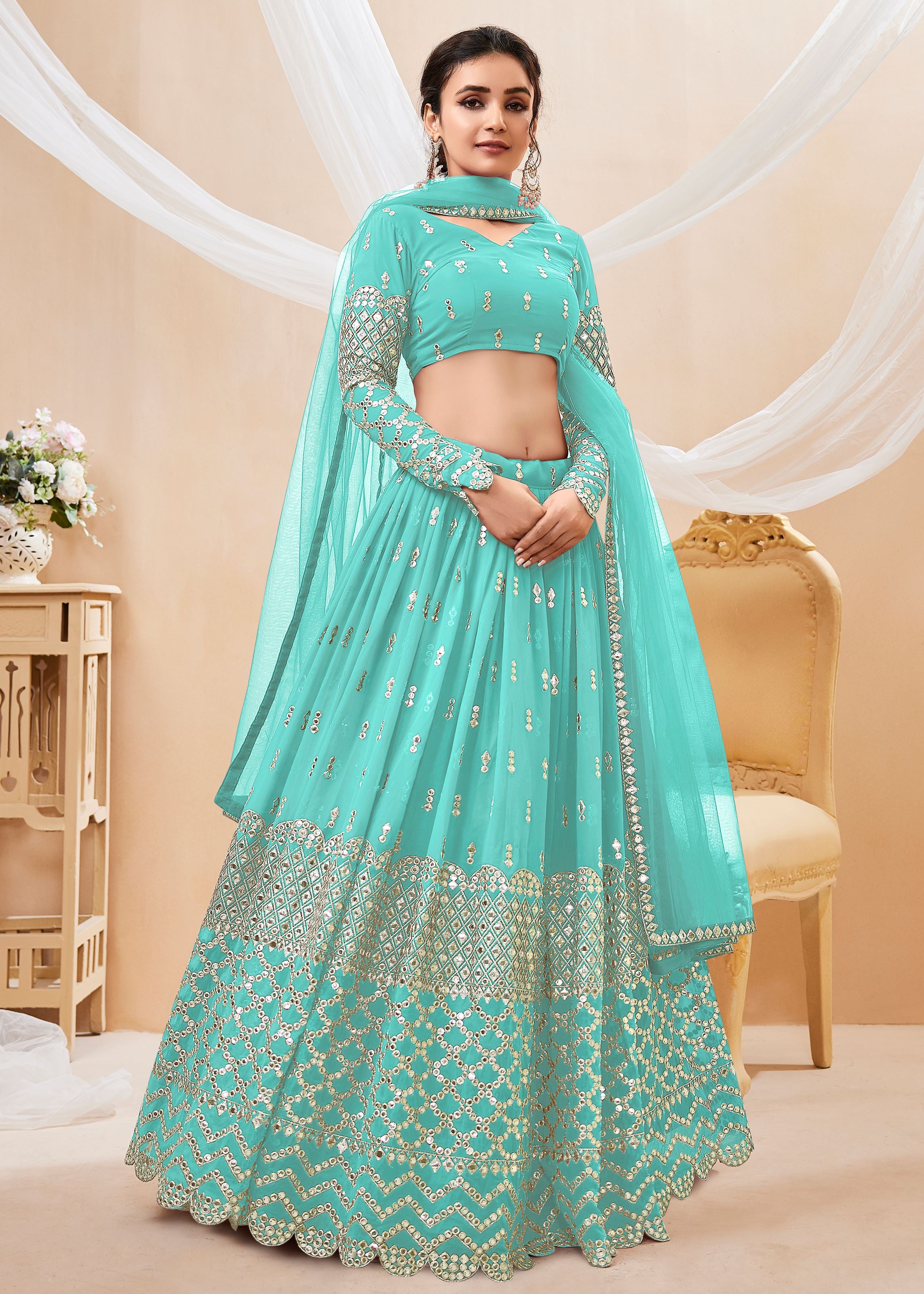 Sky Blue Georgette Lehenga Choli With Sequins Zari Embroidered Work