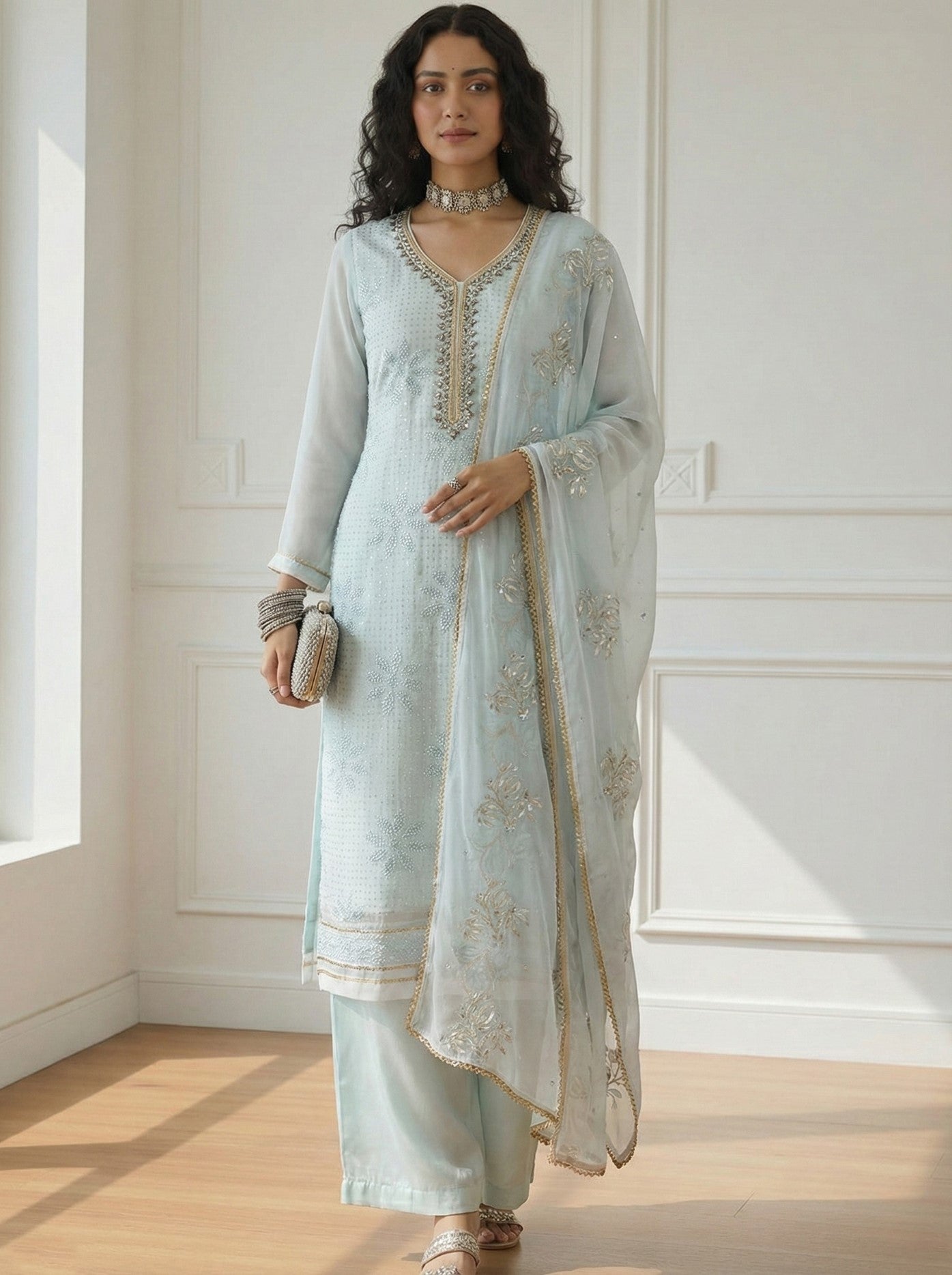 Sky Blue Georgette Salwar Suit With Khatli Embroidery