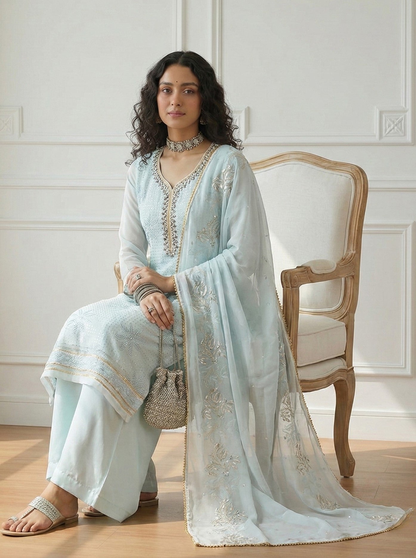 Sky Blue Georgette Salwar Suit With Khatli Embroidery
