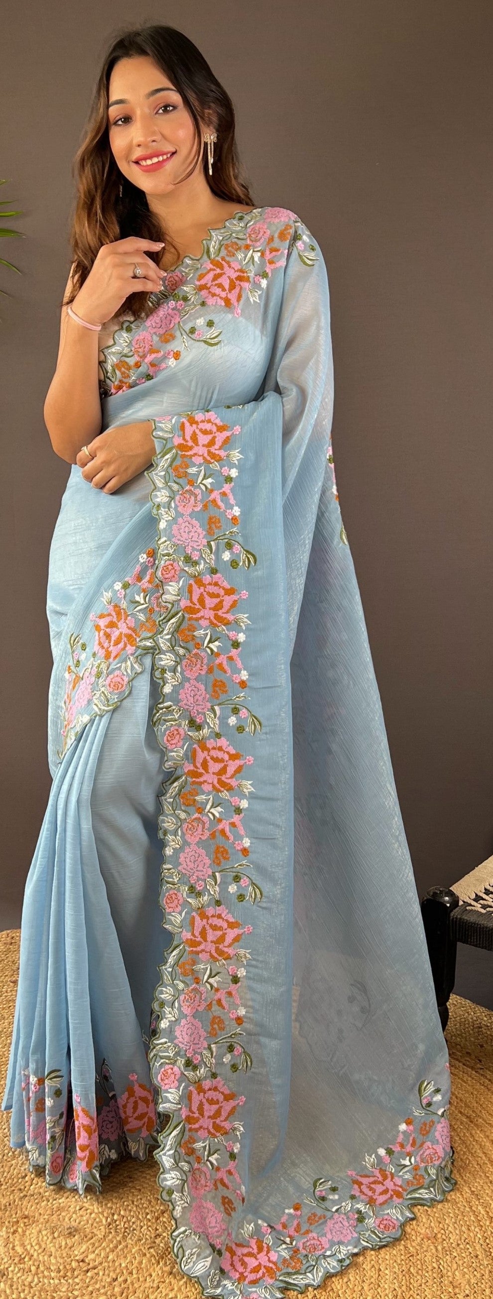 Sky Blue Glossy Silk Cross Stich Embroidery Cut Work Adorable Partywear Girlie Saree