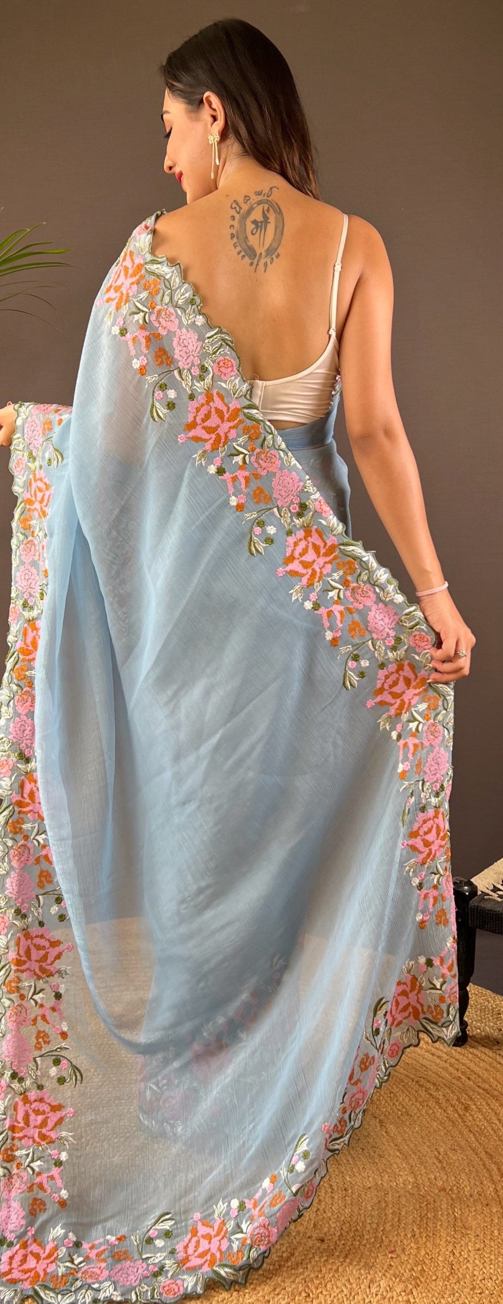 Sky Blue Glossy Silk Cross Stich Embroidery Cut Work Adorable Partywear Girlie Saree
