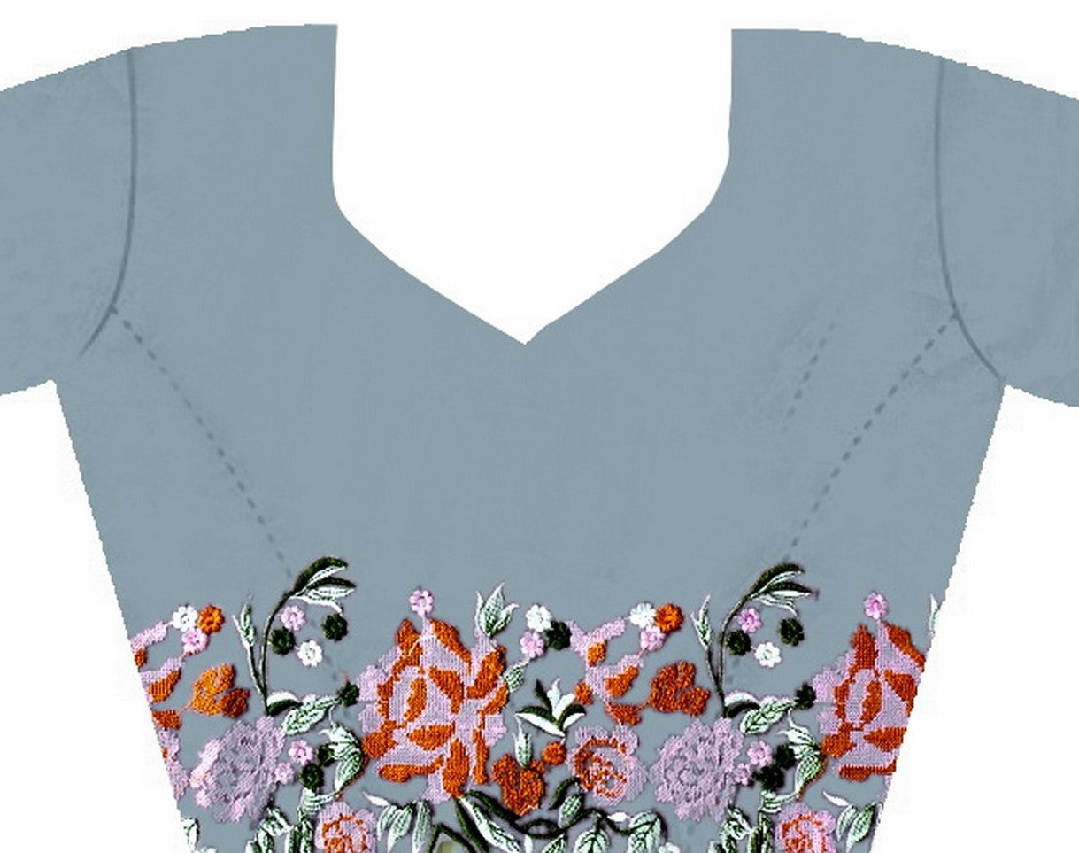 Sky Blue Glossy Silk Cross Stich Embroidery Cut Work Adorable Partywear Girlie Saree