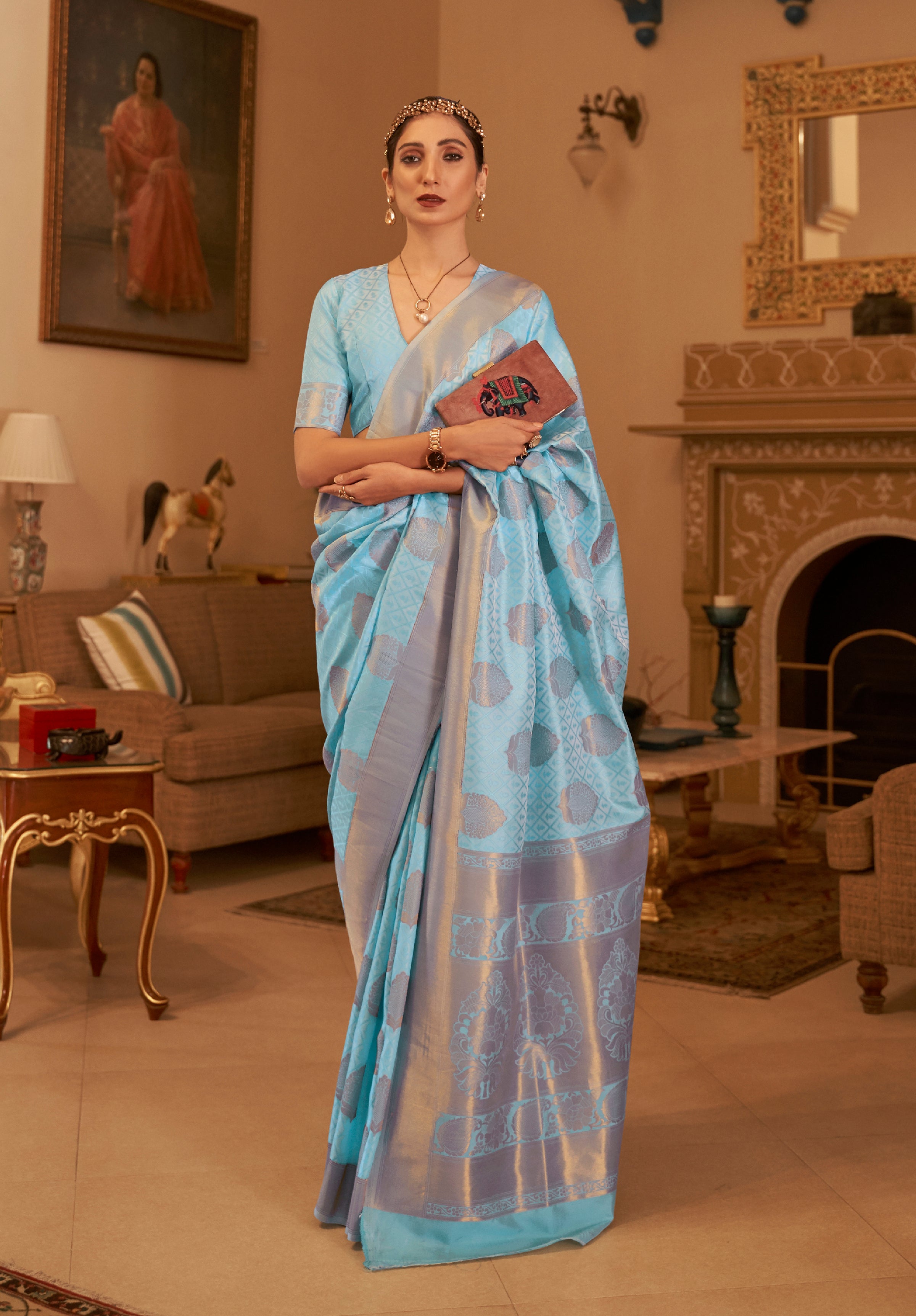 Sky Blue Handloom Silk Saree With Copper Zari Woven Work