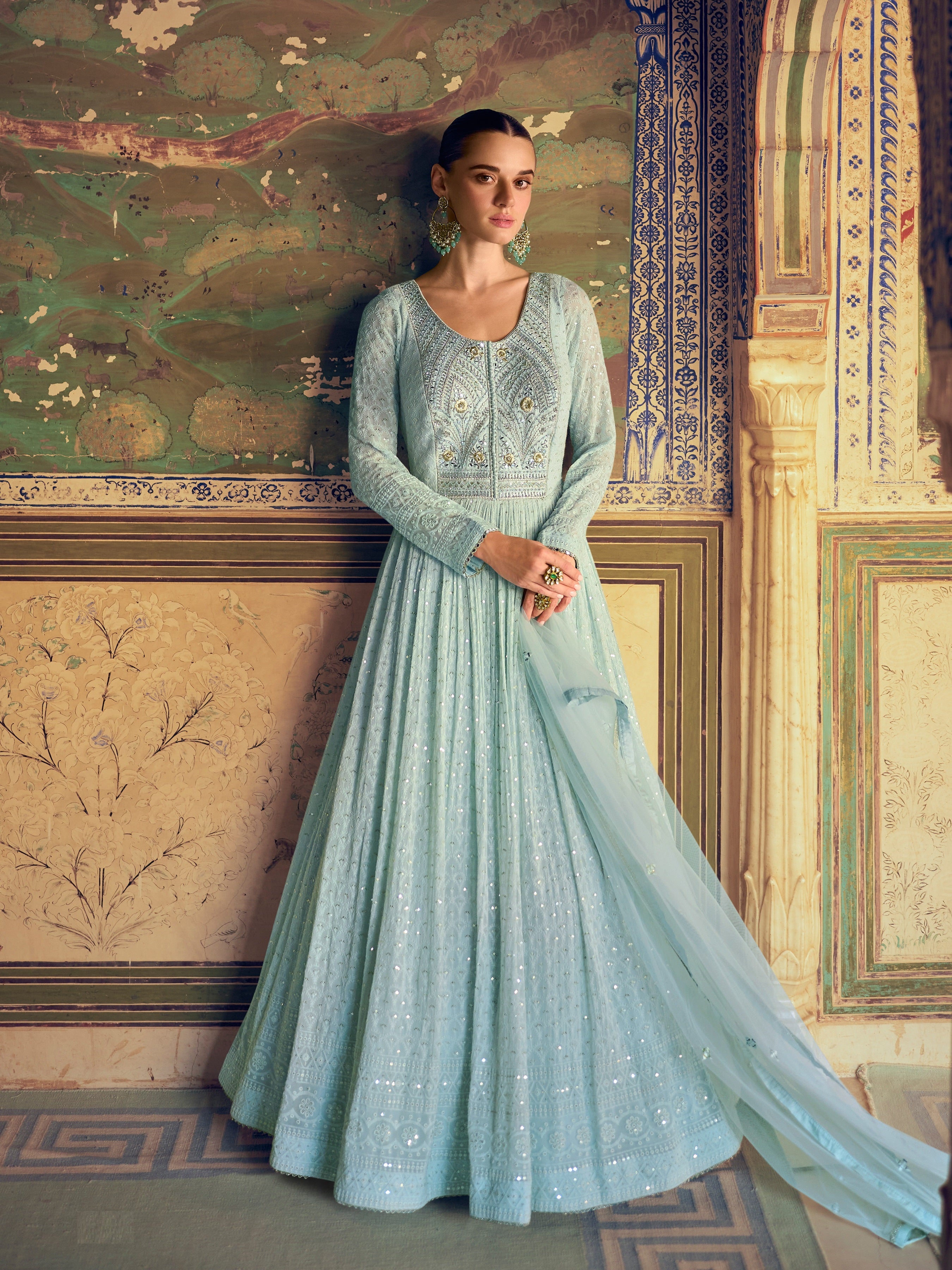 Sky Blue Heavy Designer Suit With Heavy Embroidery Work