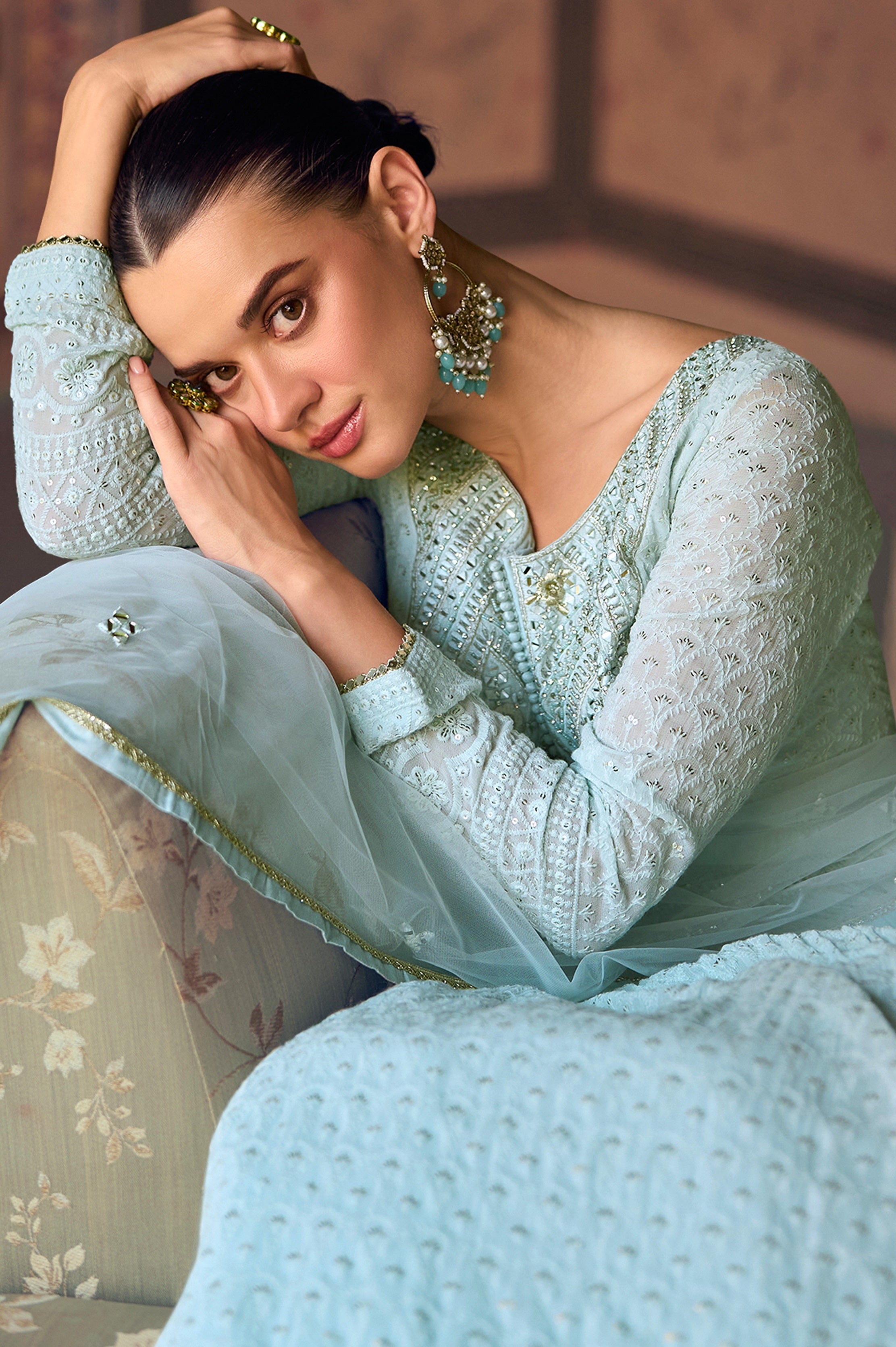Sky Blue Heavy Designer Suit With Heavy Embroidery Work