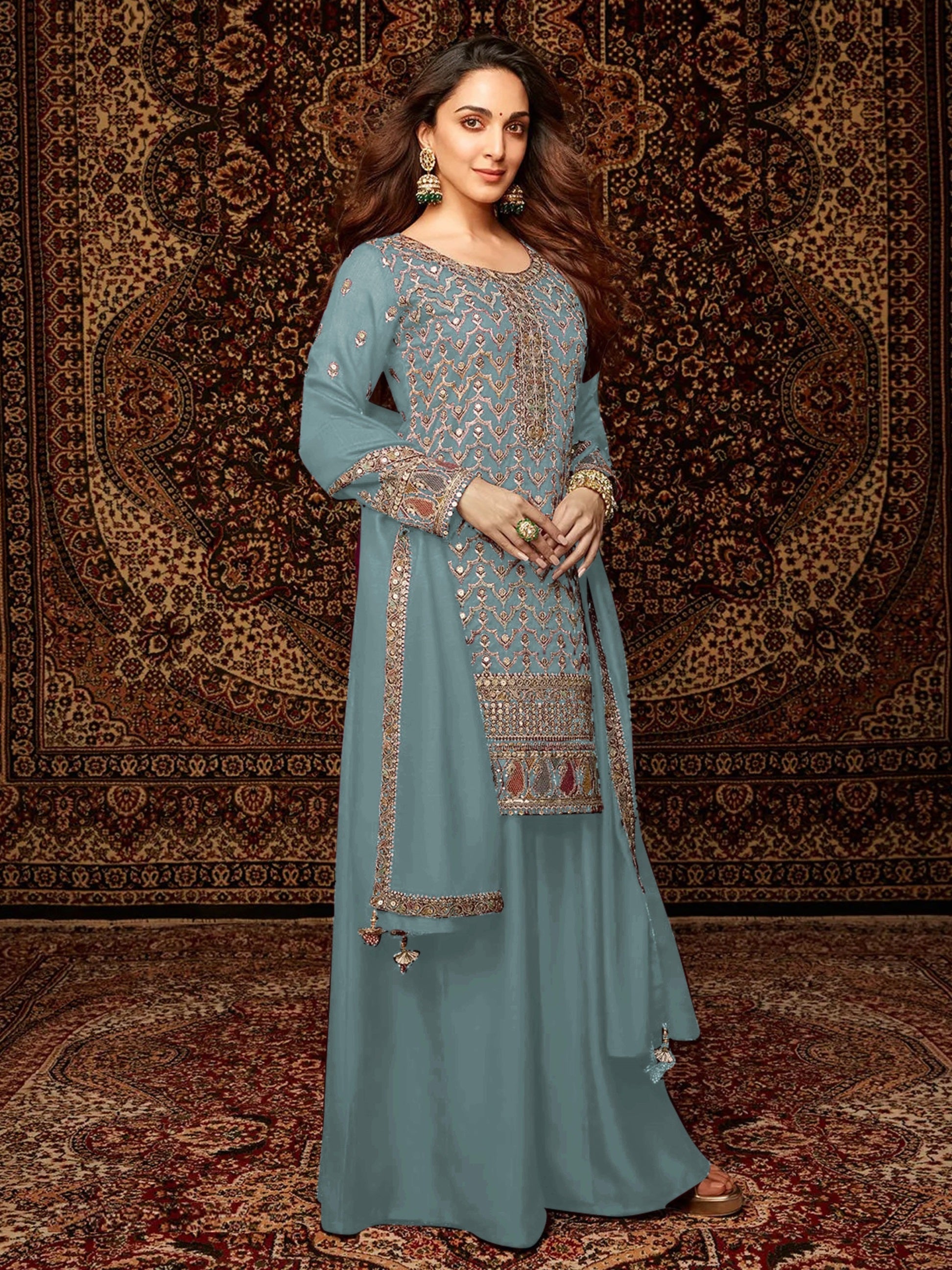 Sky Blue Heavy Designer Suit With Heavy Embroidery Work