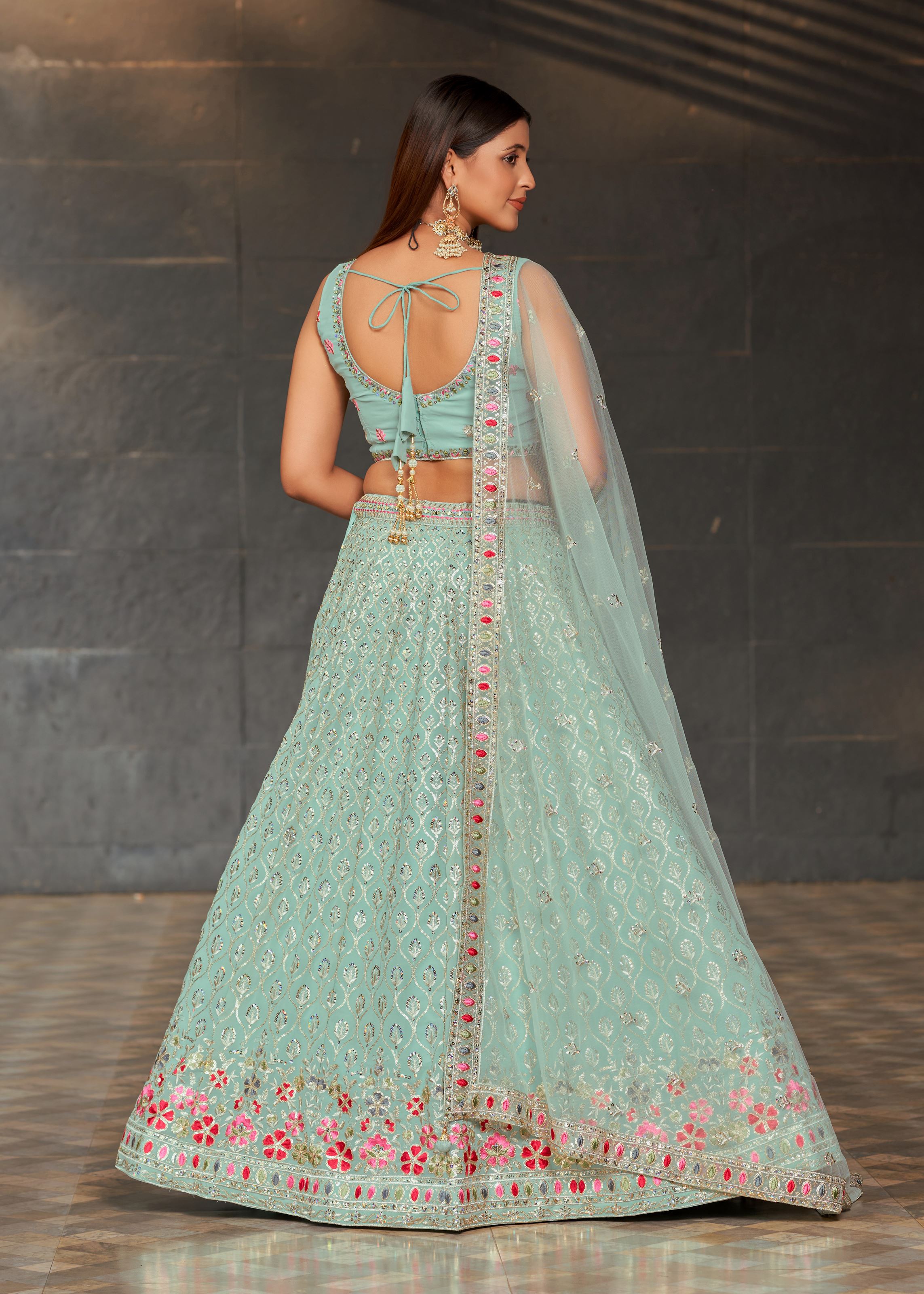 Sky Blue Lehenga Choli With Sequins, Zari, And Multi Color Thread Embroidery With Real Mirror Work