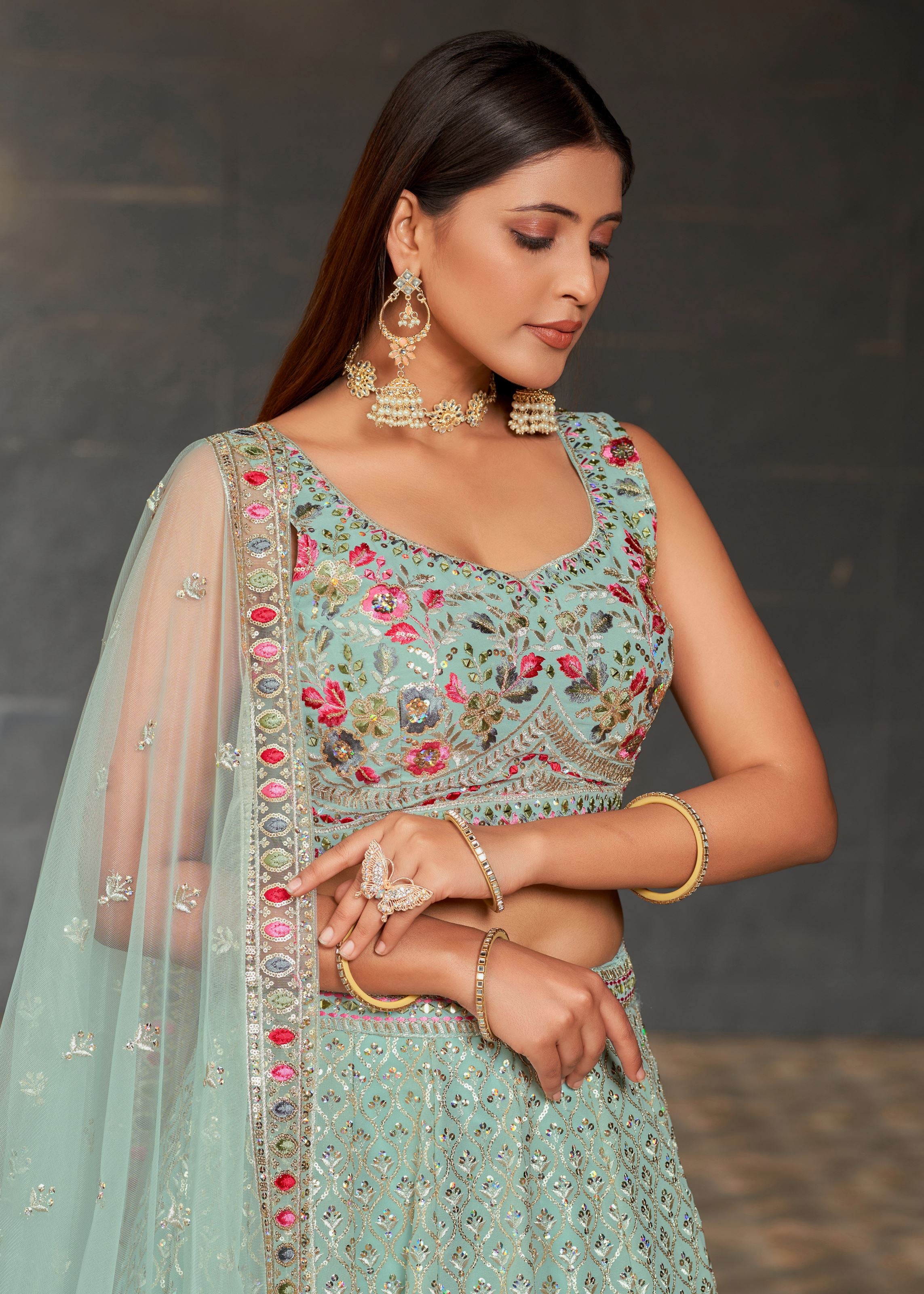Sky Blue Lehenga Choli With Sequins, Zari, And Multi Color Thread Embroidery With Real Mirror Work
