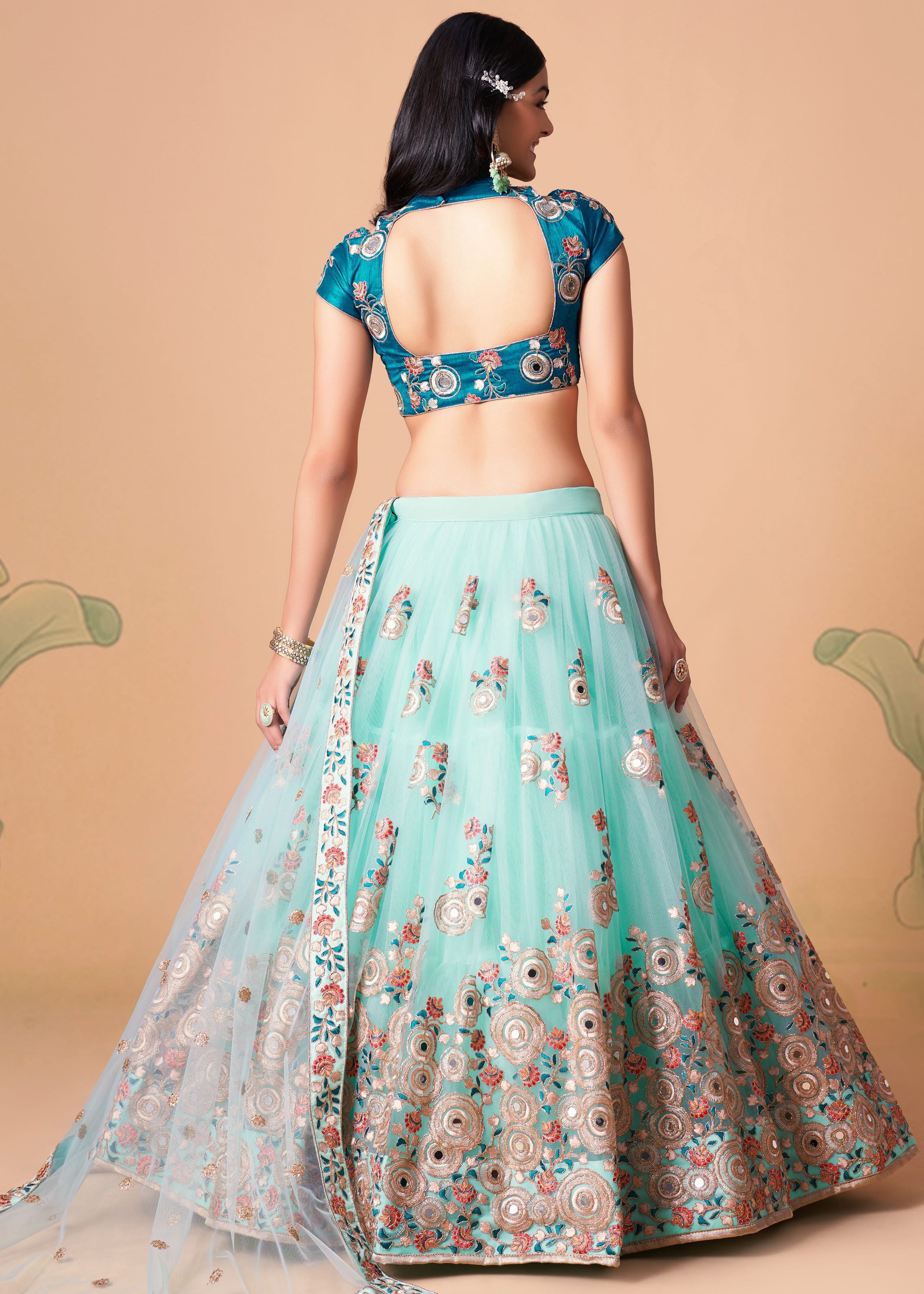 Sky Blue Lehenga Choli With Thread, Zari, Dori And Sequins Embroidery With Mirror Work