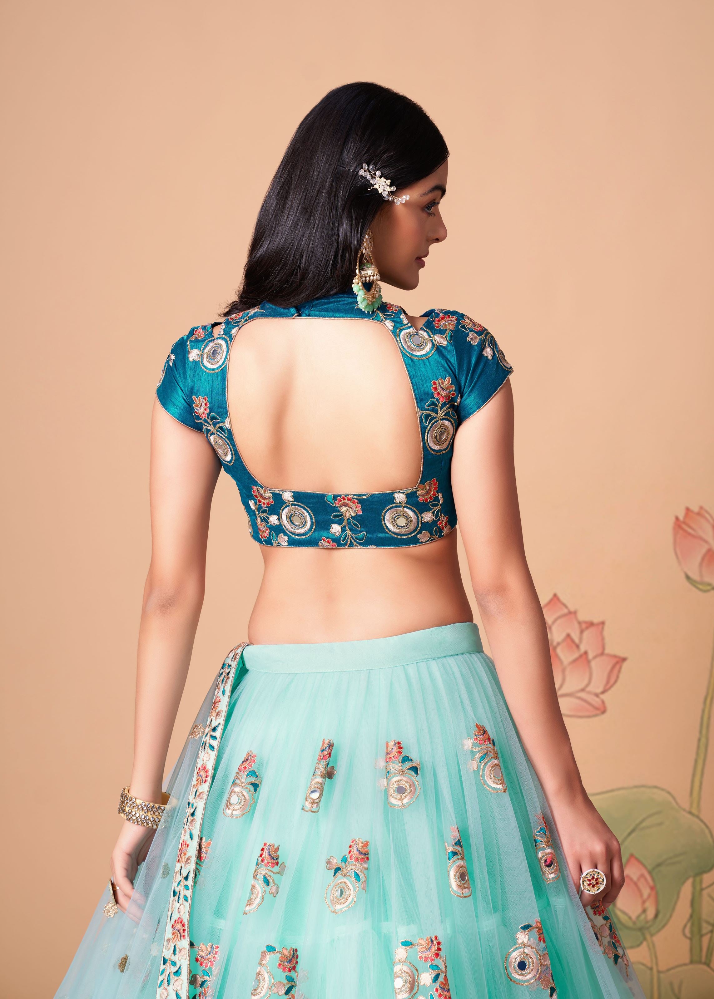 Sky Blue Lehenga Choli With Thread, Zari, Dori And Sequins Embroidery With Mirror Work