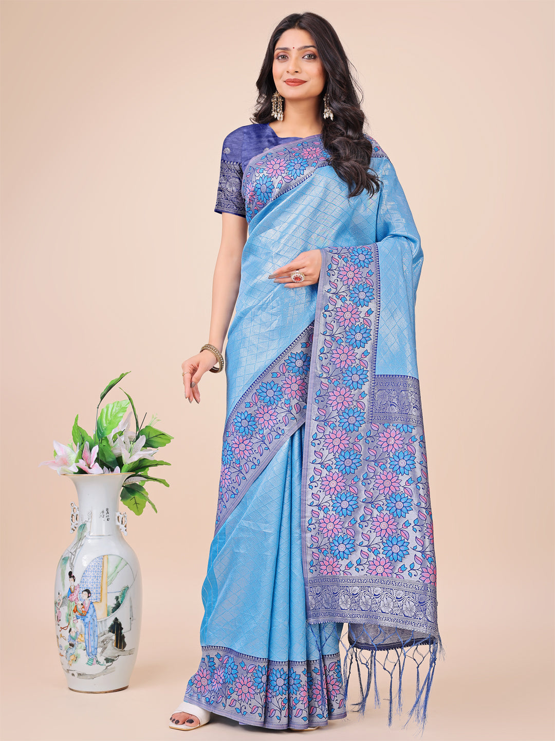 Sky Blue Lichi Silk Woven Designer Partywear Saree